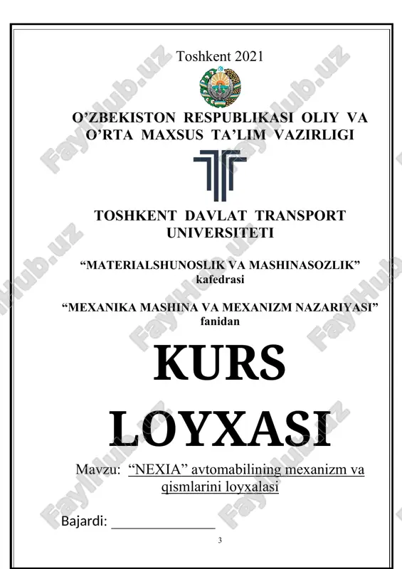 ) a- (r5) v – (r5) v1 – (r5) –porshen bilan gilza orasilagi kinematik juft. erkinlik darajasi p.l.chebishev formulasi bilan ifodalinadi: w = 3n – 2p5 – p4 n = 3 –qo'zg'aluvchan zvenolar soni p5 = 4 – beshinchi sinf kinematik juftlar soni p4 = 0 – to'rtinchi minf kinematik juftlar soni w = 3*3-2*4-0 = 1 mexanizmning sinfini aniqlash uchun, sxemani assur guruhlariga bo'linadi. v 3 asur guruhining sinfi tashqi kinematik juftlar bilan aniqlanadi.asur guruhining sinfi - ii(2,3) o 2 1 a n = 1; p5 = 1 mexanizmning strukturaviy formulasi quyidagicha bo'ladi: i(0,1) ii(2,3).asur guruhining eng kata sinfi –ii, demak mexanizmning sinfi ham ikkinchi bo'ladi. mexanizmning kinematik analizi. mexanizmning kinematik analizida uning sxemasi masshtabda chizilib, ayrim zvenolarning og'irlik markaz traektoriyalari chiziladi, zveno nuqtalarining chiziqlitezlik va tezlanishlari hamda zvenolarning burchak tezlik va tezlanishlari aniqlanadi. kinematik analizni bajarish bo'yicha quyidagilar berilgan: lab\loa = 3,6 las\lab = 0,38 n = 2500 …