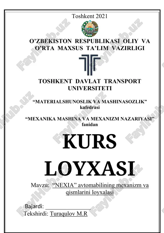 sinf (r5) a- (r5) v – (r5) v1 – (r5) –porshen bilan gilza orasilagi kinematik juft. erkinlik darajasi p.l.chebishev formulasi bilan ifodalinadi: w = 3n – 2p5 – p4 n = 3 –qo'zg'aluvchan zvenolar soni p5 = 4 – beshinchi sinf kinematik juftlar soni p4 = 0 – to'rtinchi minf kinematik juftlar soni w = 3*3-2*4-0 = 1 mexanizmning sinfini aniqlash uchun, sxemani assur guruhlariga bo'linadi. v 3 asur guruhining sinfi tashqi kinematik juftlar bilan aniqlanadi.asur guruhining sinfi - ii(2,3) o 2 1 a n = 1; p5 = 1 mexanizmning strukturaviy formulasi quyidagicha bo'ladi: i(0,1) ii(2,3).asur guruhining eng kata sinfi –ii, demak mexanizmning sinfi ham ikkinchi bo'ladi. mexanizmning kinematik analizi. mexanizmning kinematik analizida uning sxemasi masshtabda chizilib, ayrim zvenolarning og'irlik markaz traektoriyalari chiziladi, zveno nuqtalarining chiziqlitezlik va tezlanishlari hamda zvenolarning burchak tezlik va tezlanishlari aniqlanadi. kinematik analizni bajarish bo'yicha quyidagilar berilgan: lab\loa = 3,5 las\lab = 0,38 n = …