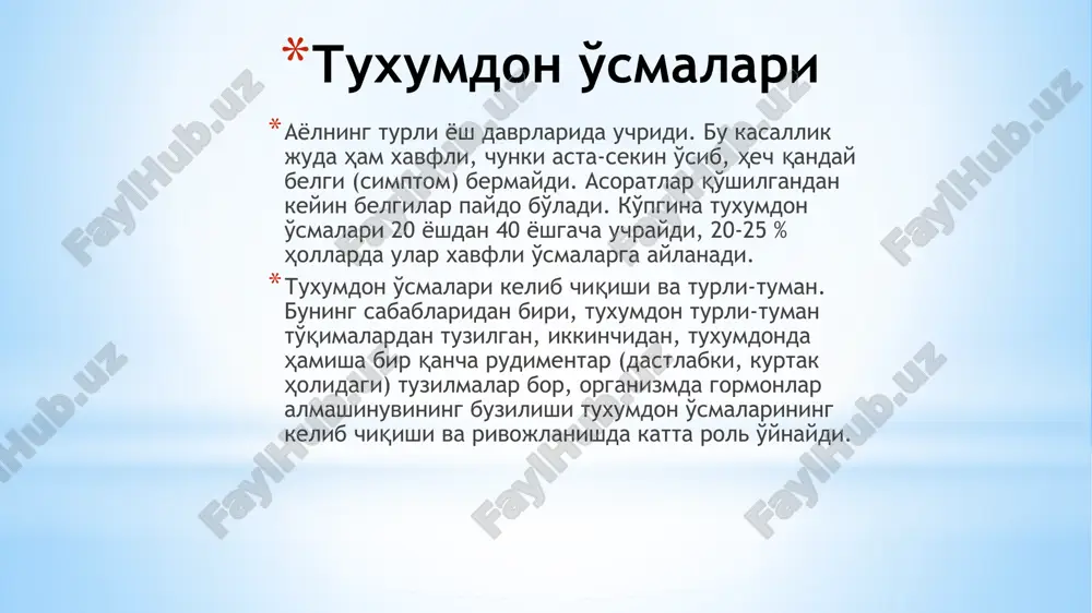 feratsiyalanuvchi 1.birlamchi rak 2.ikkilamchi rak z.metastatik rak (krukenberg) ii. biriktiruvchi to'qimadan fibroma sarkoma sh.terotoid dermoid kistasi teratoblastoma iv.gormon chiqaruvchi granulyoz xujayrali follikuloma tekoma andrablastoma psevdomutsinoz kistomalarning shakli va kattaligi anchagina turli-tuman bo'ladi. kamerali kistoma aksari yuzasi g'adir-budur bo'ladi. kistoma bo'shlig'ida aksari jelesimon suyuqlik bo'ladi. psevdomutsinoz kistomaning proliferatsiyalanuvchi formasini aksari klinitsistlar ayrim guruhga ajratishadi, chunki bunday kistomalar ko'pincha (20%) xavfli o'smaga aylanib ketadi. kistomalarning shu formasi odatda klimakterik, postklimakterik davrda uchraydi va ko'pincha astsit bilan davom etadi. epitelial kistoma rak deb aytiladi. tasnifi bo'yicha 3 xil rak ajratiladi: birlamchi, ikkilamchi va metastatik rak birlamchi rak 4,5% xrllarda uchraydi. «solidli rak» - gistologiyasi bo'yicha tekis, bir xilda, oqimtir rangda, hujayralari, tomirlari, follikullarini ajratib bo'lmaydi, kam differentsiallashgan go'qima. ikkilamchi rak 60-50 % hollarda seroz papillyar o'smalar rakka aylanadi, tez o'sib, suyuqliklar hajmi oshib, astsit bitishmalari paydo bo'lib, papillomalarning o'sib ketishi kuzatiladi. 17-20 % hollarda mutsinoz kistomalar rakka aylanadi. ularning malignizatsiyasi asta sekin. ko'pincha …