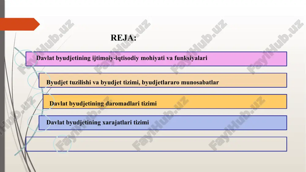 jetga kelib tushishi, byudjet ajratmalarining ishlatilishi, byudjet intizomiga rioya qilinishi, byudjetdan mablag‘ oluvchilarning xo‘jalik moliyaviy faoliyati nazorat qilinadi nazorat funksiyasi davlat byudjetining funksiyalari byudjet tizimi printsiplari byudjet tizimi quyidagi printsiplarga asoslanadi: byudjet tizimining yagonaligi; byudjet tizimining o‘zbekiston respublikasi ma'muriy-hududiy tuzilishiga muvofiqligi; byudjet tizimi byudjetlarining balansliligi va o‘zaro bog‘liqligi; byudjet tizimi byudjetlari daromadlarini prognoz qilish va xarajatlarini rejalashtirish; byudjet tizimi byudjetlari mablag‘laridan foydalanishning aniq yo‘naltirilganligi va maqsadlilik xususiyati; byudjet tizimi byudjetlarining mustaqilligi; byudjet tizimi byudjetlari mablag‘laridan foydalanishning natijadorligi; kassaning yagonaligi; byudjet jarayoni ishtirokchilarining javobgarligi; ochiqlik. byudjet jarayoni byudjet tizimi byudjetlarini shakllantirish, tuzish, ko‘rib chiqish, qabul qilish, tasdiqlash va ijro etish, ularning shakllantirilishini, tuzilishini hamda ijrosini nazorat qilish, byudjet tizimi byudjetlarining ijrosi to‘g‘risidagi hisobotlarni tayyorlash va tasdiqlash, shuningdek ular o‘rtasidagi o‘zaro munosabatlar jarayoni; byudjet jarayoni ishtirokchilari — davlat hokimiyati va boshqaruvi organlari, davlat moliyaviy nazorat organlari, byudjet tashkilotlari va byudjet mablag‘lari oluvchilar; byudjet ssudasi — qaytarish sharti bilan yuqori turuvchi byudjetdan quyi …