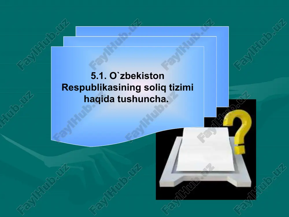 jburiy ajratmalar (0,3) 3) davlat boji; 4) bojxona to`lovlari; 5) ayrim turdagi tovarlar bilan chakana savdo qilish va ayrim turdagi xizmatlarni ko`rsatish huquqi uchun yig`im. iii. soliq solishning soddalashtiril-gan tartibida to`lanadigan soliqlar: 1) yagona soliq to`lovi; 2) yagona yer solig`i; 3) tadbirkorlik faoliyatining ayrim turlari bo`yicha qat`iy belgilangan soliq. yuridik va jismoniy shaxslardan olinadigan soliqlar va boshqa majburiy to`lovlarning yig`indisi soliqlar tizimi deb tushuniladi. soliq kodeksining 23-moddasiga ko`ra 2019 yilda i. soliqlar tarkibiga quyidagilar kiradi: 1) yuridik shaxslardan olinadigan foyda solig`i; 2) jismoniy shaxslardan olinadigan daromad solig`i; 3) qo`shilgan qiymat solig`i; 4) aksiz solig`i; 5) yer qa`ridan foydalanuvchilar uchun soliqlar va maxsus to`lovlar; 6) suv resurslaridan foydalanganlik uchun soliq. 7) mol-mulk solig`i; 8) yer solig`i; 9) obodonlashtirish va ijtimoiy infratuzilmani rivojlantirish solig`i; o'zbekiston respublikasining 2017 yil 29 dekabrdagi o'rq-454-sonli qonuniga asosan chiqarilgan— qonun hujjatlari ma'lumotlari milliy bazasi, 01.01.2018 y., 03/18/454/0493-son bu soliq yuridik shaxslardan olinadigan foyda solig`i tarkibiga qo’shildi; 10) …