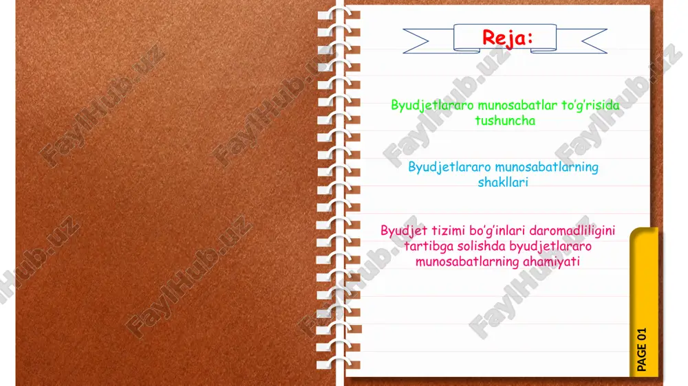 ajratmalar normativlari belgilanadigan umumdavlat soliqlari va boshqa majburiy to’lovlar, shuningdek, soliq bo’lmagan to’lovlar deyiladi. byudjetlararo munosabatlarning shakllari page 09 page 08 mahalliy byudjetlarga belgilangan cheklovlar mahalliy byudjetlar balanslangan bo’lishi kerak, ya’ni mahalliy byudjetlar taqchilligiga yo’l qo’yilmaydi; qonunda ko’zda tutilmagan manbalar hisobidan turli fondlar tashkil etishga yo’l qo’yilmaydi; tegishli byudjetda tasdiqlangan mablag’dan ortiqcha mablag’ sarflashga yo’l qo’yilmaydi; byudjet mablag’lari hisobidan boshqa shaxslar foydasiga moliyaviy kafolatlar va kafilliklar berishga yo’l qo’yilmaydi; yuridik va jismniy shaxslarga byudjet ssudalari berishga yo’l qo’yilmaydi. page 11 page 10 2023 yilda soliqlarning quyidagi turlari tumanlar va shaharlar byudjetlariga to'liq hajmda o'tkaziladi: byudjetlararo o’zaro hisob kitoblar byudjetlararo o’zaro hisob-kitoblarga kiritilishi lozim bo’lgan summa yuqori turuvchi moliya organi tomonidan aniqlanadi. byudjetlararo o’zaro hisob-kitoblar moliya yili mobaynida byudjetlar parametrlari o’zgarganda yuqori va quyi turuvchi byudjetlar o’rtasida yuzaga keladigan o’zaro pul munosabatlaridir. page 13 page 12 maqsadli ijtimoiy transfertlar mahalliy byudjetlarga moliyaviy yordamning mazkur turi o’zbekiston respublikasining 2017-yil 29-dekabrdagi ―soliq va …