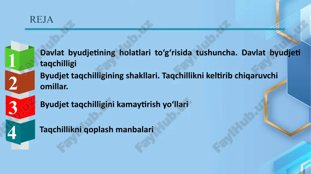 k davlat investitsiyalarini amalga oshirish amaliyotining mavjudligi; * harbiy xarajatlar ko‘lamining nisbatan kattaligi; * ichki real imkoniyatlarni yetarli darajada inobatga olmagan holda boshqa mamlakatlarga yordam berish; * davlatga iqtisodiyot va ijtimoiy sohani rivojlantirishni rag‘batlantirish imkonini bermaydigan va yetarli darajada samarali bo‘lmagan byudjet mexanizmining qo‘llanilishi va boshqa sabablar. byudjet defitsitining darajasini kamaytirish yoki unga barham berish borasidagi amalga oshirilishi lozim bo‘lgan chora-tadbirlarning eng asosiy yo‘nalishlari quyidagilardan iborat: byudjet tizmi byudjetlarining vazifalari mahalliy byudjetlar balanslangan bo’lishi kerak, ya’ni mahalliy byudjetlar taqchilligiga yo’l qo’yilmaydi; qonunda ko’zda tutilmagan manbalar hisobidan turli fondlar tashkil etishga yo’l qo’yilmaydi; tegishli byudjetda tasdiqlangan mablag’dan ortiqcha mablag’ sarflashga yo’l qo’yilmaydi; byudjet mablag’lari hisobidan boshqa shaxslar foydasiga moliyaviy kafolatlar va kafilliklar berishga yo’l qo’yilmaydi; yuridik va jismniy shaxslarga byudjet ssudalari berishga yo’l qo’yilmaydi. davlat maqsadli jamg’armalari davlatning ma’lum funksiya-vazifasini bajaradigan, mablag‘lari soliqlar, majburiy to‘lovlar va jarimalar, homiylik mablag‘lari hamda o‘zbekiston respublikasi prezidentining va o‘zbekiston respublikasi vazirlar mahkamasining qarorlari bilan belgilangan …