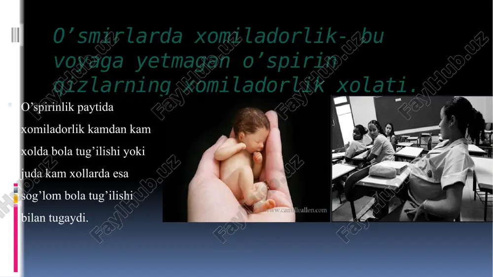 qismi va qin shilliq qavatining bo’rib ko’tarilishi va sianozi. sut bezlarining kattalashib qattiqlashishi,sut bezlari tugmachasi atrofi siqilganda og’iz suti chiqadi. xomiladorlikni ko’rsatuvchi belgilar piskachik belgisi -- xomiladorlikda bachadon shaklining o’zgarishi bilan ifodalanadi yani noksimon shakldan tekis yapaloqlashgan shar shakliga o’tadi. gorvich - gegar belgisi --bachadon bo’yni bilan tanasi oralig’i yani bachadon bo’yni oldi (istmust)yumshashiga asoslanadi. snegirev belgisi—qin orqali barmoqlar bilan tekshirish vaqtida barmoqlar ta’sirida bachadon qisqa mudatga qisqarib qattiqlashadi,bu uning nerv sistemasi ta’sirlanishi tufayli vujudga keladi va u ta’sirlanish to’xtagach yana yumshab qoladi genter belgisi—qinga kiritilgan barmoqlar yordamida bachadondagi o’zgarishlarni aniqlash bilan birga,tashqi qo’l bilan bachadon oldingi yuzasining o’rta chizig’ida taroqsimon do’mboqcha aniqlanadi. diagnostikasi: anamnez labaratoriya tekshiruvi : qon va siydik taxlili(ashgeym sondek reaksiyasi va beby test) instrumental tekshiruvi : bachadonni utt. dif . diagnostikasi bachadon anomaliyasi, qorin yoki tos boshlig`i o`smalar, semirish, buyrak shishi, amenoriya bilan bog`liq boshqa holatlar. tug’ruq muddati yoshlarda tug’ruq muddati boshqa onalardagiga nisbatan qisqaroq bo’lib …