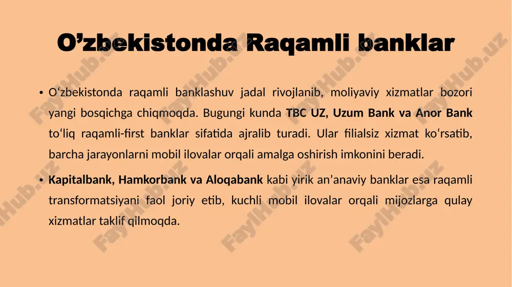liklar: banka ichki jarayonlarda sun’iy intellektga asoslangan agentlar, ovozli texnologiyalar, virtual yordamchilar kabi innovatsiyalar joriy etilmoqda. masalan, qarz toʻlov eslatmalari, mijoz ko‘magida ai agentlar ishlatilmoqda. process markazi: tbc oʻz toʻlov (processing) markazini yaratgan, bu bank operatsiyalarini, kartalar va p2p oʻtkazmalarni, qr to'lovlarni boshqarishni soddalashtiradi. uzumbank ilk bosqichda “apelsin” nomi bilan kapitalbank atb tarkibida mobil ilova sifatida boshlangan. keyinchalik mustaqil bankga aylantirildi. 2022-yilda nomi “apelsin” dan “uzum bank”ga oʻzgargan. bank apelsin/ uzum bank filiallari kam, asosiy servislar mobil ilova orqali uzumbank xizmatlari mobil ilova orqali xizmatlar: balans tekshirish, kartalarni boshqarish, kommunal toʻlovlar, internet va mobil aloqa toʻlovlari, kredit toʻlovlari. omonat va kreditlar: milliy va xorijiy valyutadagi omonatlar, turli kredit turlari (iste’mol, ta’lim, mikroqarz, ipoteka kabi) taklif qilinadi. kartalar: mahalliy (uzs) va xorijiy valyutada kartalar mavjud. valyuta konversiyasi: ilova orqali onlayn valyuta kurslari va ayirboshlash imkoniyati; visa kartalari orqali valyutani sotib olish va sotish kabi xizmatlar. toʻlovlar va oʻtkazmalar: uzcard / humo …