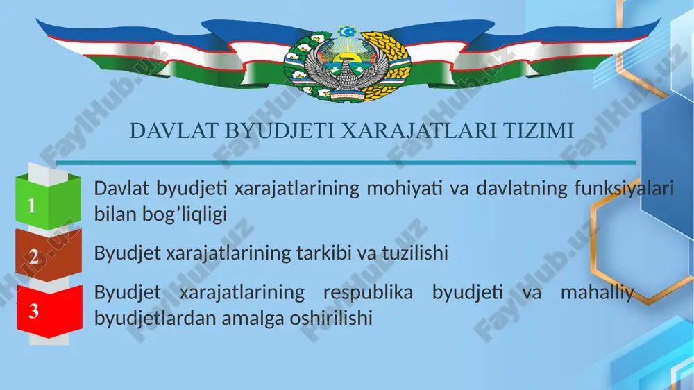 tining boshqa institutlarini davlat tomonidan qo’llab-quvvatlash xarajatlari. 3.iqtisodiyot xarajatlari. 4.markazlashtirilgan investitsiyalarni moliyalashtirish xarajatlari. 5.davlat hokimiyati va boshqaruvi organlarini, adliya va prokuratura organlarini saqlab turish xarajatlari. 6.sudlarni saqlab turish xarajatlari. 7.fuqarolarning o’zini o’zi boshqarish organlarini saqlab turish xarajatlari. 8.o’zbekiston respublikasi vazirlar mahkamasining, qoraqalpog’iston respublikasi respublika byudjetining, viloyatlar viloyat byudjetlarining va toshkent shahri shahar byudjetining tumanlar va shaharlar byudjetlarining zaxira jamg’armalari. 9.boshqa xarajatlar. byudjet xarajatlarining respublika byudjeti va mahalliy byudjetlardan amalga oshirilishi byudjet xarajatlari 70-moddasi bilan respublika byudjetining xarajatlari, 71-moddasi bilan viloyatlar byudjetlari hamda toshkent shahrining shahar byudjeti xarajatlari, 72-moddasi bilan tumanlar va shaharlar byudjetlari xarajatlari tarkibi belgilab qo'yilgan. respublika byudjetining xarajatlari 1) ijtimoiy soha va aholini ijtimoiy qo‘llab-quvvatlash xarajatlari 2) davlat grantlari, subsidiyalar va ijtimoiy buyurtma shaklida nodavlat notijorat tashkilotlari va fuqarolik jamiyatining boshqa institutlari faoliyatini davlat tomonidan qo‘llab-quvvatlash xarajatlari; 3) iqtisodiyot xarajatlar 4) respublika vazirliklari, davlat qo‘mitalari va idoralari buyurtmachi bo‘lgan markazlashtirilgan investitsiyalarni moliyalashtirish xarajatlari; 5) davlat hokimiyati va boshqaruvi …