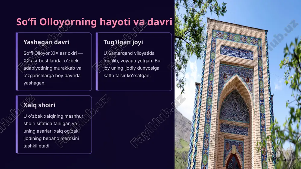 alq ogʻzaki ijodining eng muhim qismi sifatida qadrlanadi, chunki ular oddiy tilga yaqin va ohangdor. ilhom manbai: koʻplab xalq qoʻshiqlari, dostonlar va ertaklar uning asarlaridan ilhomlanib yaratilgan, bu uning ommabopligidan dalolat beradi. madaniy boylik: soʻfi olloyor xalqning maʼnaviy va madaniy merosini sezilarli darajada boyitgan buyuk shoir sifatida eʼtirof etiladi. 6 soʻfi olloyorning taʼsiri va merosi 1 adabiyot rivoji uning ijodi oʻzbek adabiyotining keyingi bosqichlarda rivojlanishiga beqiyos katta hissa qoʻshdi. 2 keyingi avlodlar uning uslubi va gʻoyalari keyingi avlod shoirlari va adiblari, jumladan, xx asr yozuvchilari uchun ham ilhom manbai boʻlib xizmat qildi. 3 qadriyatlar soʻfi olloyorning asarlari bugungi kunda ham turli fanlarda oʻrganilmoqda va milliy maʼnaviy qadriyatlarimizning muhim qismi sifatida qadrlanmoqda. unutmasligimiz kerak: uning merosi faqatgina sheʼriyatdan iborat emas, balki chuqur axloqiy va maʼrifiy gʻoyalarni ham oʻz ichiga oladi. 7 samarqand – shoirning beshigi samarqand shahri, soʻfi olloyorning vatani, qadimiy sivilizatsiyalar chorrahasi boʻlib, uning madaniy muhiti shoirning dunyoqarashi va ijodiy …