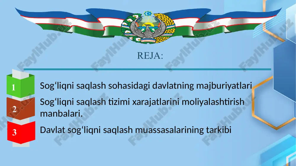 i to‘plash, umumlashtirish, qayta ishlash va shu asosda ularga bo‘lgan ehtiyojni baholash 56-maqsad: aholiga ko‘rsatilayotgan tibbiy xizmat sifatini oshirish, budjet mablag‘laridan samarali foydalanish, tibbiy xizmatlarni markazlashtirish va aholini tibbiy sug‘urtalash amaliyotini joriy qilish. markazlashgan laboratoriya, sterilizatsiya va yuqori texnologik tekshiruvlar tizimini tashkil etish. davlat sog‘liqni saqlash muassasalari faoliyatini rejalashtirish odatda quyidagi bosqichlarda amalga oshiriladi: tibbiyot muassasalarining moddiy-texnik bazasini rivojlantirish va tibbiyot xodimlari mehnatini moddiy rag‘batlantirish maqsadida 2006-yil 1-yanvardan boshlab byudjet tashkilotlari hisoblangan barcha tibbiyot muassasalarida tibbiyot muassasalarini moddiy rag‘batlantirish va rivojlantirish jamg‘armasi tashkil etildi. jamg‘arma mablag‘lari quyidagi manbalar hisobidan shakllantiriladi: tavsiya etilayotgan adabiyotlar ro‘yxati 1. malikov t.s., olimjonov o moliya. darslik. –t.: “iqtisod-moliya”, 2019. - 820 b. 2. b. mamatov sh xamdamov davlat maqsadli va byudjetdan tashqari jamg‘armalar darslik 2019y 3.nurmuxamedova b.i. davlat byudjeti. darslik. – t.: “iqtisod-moliya”, 2018. – 630 b. www.lex.uz www.imv.uz www.tsue.uz www.publicfinance.uz www.ziyonet.uz www.interfinance.uz e’tiboringiz uchun rahmat image3.jpg image8.emf oleobject1.bin oleobject2.bin image9.png image10.png image11.emf image12.png image13.png …