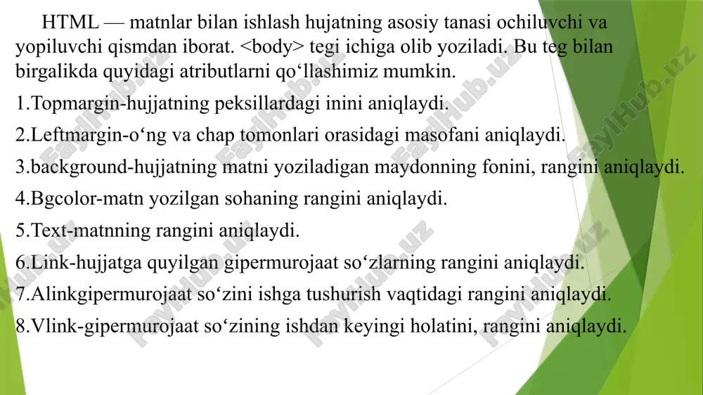 himiz mumkin. 1.1.align-sarlavhaning gorizontal boʻyicha joylashishini belgilaydi. 1.2.left — sarlavhaning gorizontal boʻyicha chap tomonga joylashishini belgilaydi. 1.3.right — oʻng tomonga joylashishini belgilaydi. 1.4 center — oʻrtaga joylashishini belgilaydi. 2. p — hujjatda paragrflarni aniqlash uchun ishlatiladi. bu tegga ham yuqoridagi atributlardan foydalanib turli xil oʻzgarishlar kiritishimiz mumkin. 2.1. align — ikkala tomonini toʻgʻirlash. 2.2.left — chap tomonga to‘gʻirlash. 2.3.right — oʻng tomonga toʻgʻirlash. 2.4.center — oʻrtaga toʻgʻirlash. 3. br — bu teg matnni alohida satrlga yozish uchun qoʻllaniladi. matn matn 4. hr — bu teg hujjat ichida alohida gorizontal chiziq qoʻyish uchun ishlatiladi. matn matn. bu teg bilan birgalikda quyidagi atributlar ham ishlatiladi 4.1.width — chiziqning uzunligini aniqlash uchun ishlatiladi. uzunlik oʻlchami peksillarda yoki protsentlarda berilishi mumkin 4.2. size — chiziqning qalinligini peksillarda aniqlaydi. 4.3.align — chiziqning oʻng va chap tomoniga bir xil tekislikda joylashishini ta’minlaydi 4.4.lift — chap tomonga joylashishini ta’minlaydi. 4.5.right — oʻng tomonga joylashishini ta’minlaydi. 4.6.center — …