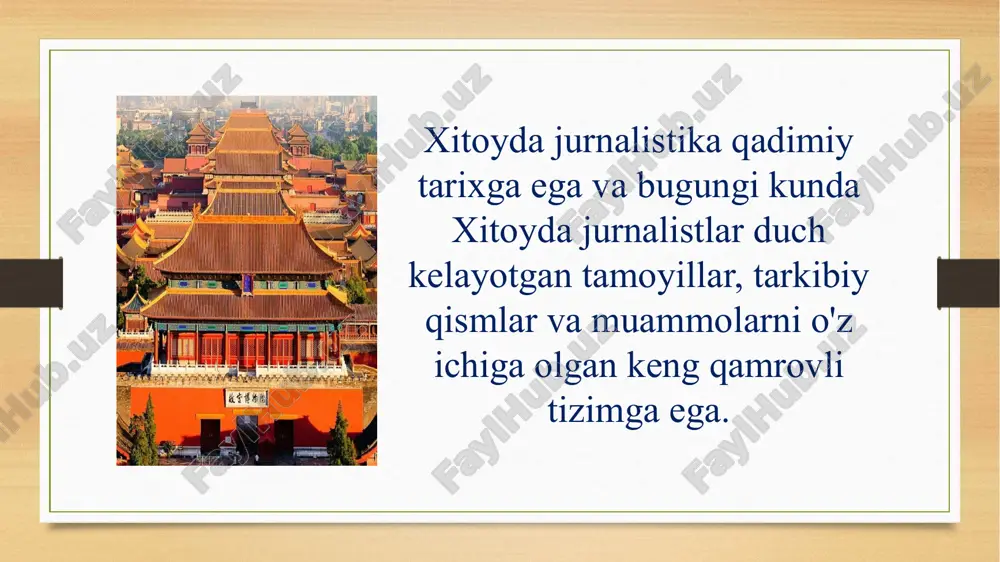 laydi. 1 2 3 xitoyda onlayn jurnalistikaning rivojlanishi 1 2 3 internetning paydo bo'lishi internet axborotni tarqatish va mustaqil fikr bildirish uchun yangi imkoniyatlar yaratdi. bloglar va mikrobloglar bloglar va mikrobloglarning ommaviyligi oddiy fuqarolarga jurnalist bo‘lish va o‘z fikrlarini bildirish imkonini berdi. hukumat aralashuvi hukumat onlayn jurnalistikani qattiq nazorat qiladi, nomaqbul kontentni bloklaydi va faollarni jazolaydi. xitoy davlatida jurnalistlarni jinoiy ta‘qib qilinishi jinoiy ta'qib qilish bunga ko'p jurnalistlar duch keladi. hokimiyat tomonidan ta'qib qilinib, jinoiy javobgarlikka tortiladi. hibsga olishlar va hibsga olishlar jurnalistlar jurnalistik faoliyati natijasida hibsga olinishi, hibsga olinishi yoki qiynoqqa solinishi mumkin. sud jarayonlari ko'pgina jurnalistlar uzoq va adolatsiz sud jarayonlariga duch kelishga majbur. xalqaro ta'sir xitoy jurnalistikasi xalqaro ommaviy axborot vositalari va tadqiqotchilarning e'tiborini tobora ortib bormoqda. xitoy jurnalistikasining tendentsiyalari va muammolari 1 2 3 mustaqillikni oshirish ta'qiblarga qaramay, jurnalistlar mustaqillikni saqlab qolishga va so'z erkinligi huquqlari uchun kurashishga harakat qiladilar. raqamli jurnalistika. onlayn jurnalistika muqobil axborot …