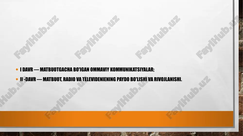 nikatsiya. buyumli kommunikatsiya deb, keng ommaning biror bir tanish buyum orqali kerakli axborotga ega bo'lishiga aytiladi. bunday buyumlarning ko'rinishlari cheksiz. biz ulardan faqat qadimiy sharqda ommaviy kommunikatsiyalar uchun keng ishlatilgan turlariga qisqacha tavsif beramiz. bular — aso (podshohlik belgisi), maxsus bog'langan belbog', bilaguzuk, yengdagi bog'ich, kamar, bosh kiyimi, maijon, shaxsiy yoki jamoaviy mulk belgisi, qimmatbaho tosh (nefrit)dan yasalgan buyumlar, munchoq, tamg'a, tanga, gultoji, tumor, uzuk, shoda, ukpar va hokazo. qadimiy sharqda keng tarqalgan va ommaviy qurilish uchun mo'ljallangan yana bir usul — tekis yuzaga ishlangan bo'rtma naqshlar (bare lef)dir. bo'rtma naqshlar son va sifat jihatdan buyumlar, qoliplar yoki rasmlardan qolishmasdi. masalan, minoy tamadduni davriga (miloddan ko'p asrlik tarix bizgacha asosan hashamatli koshonalar devorlarida ishlangan bo'rtma naqsh va yozuvlar orqali yetib kelgan. ranglar - axborot manbai qadimiy dunyoda axborot almashinuvining buyumu xat degan ajoyib bir turi amalda bo'igan. bunda ipga turli shakl va rangdagi narsalar ketmaket tizilardi. buyumlaming turi, o'lchami, soni, …