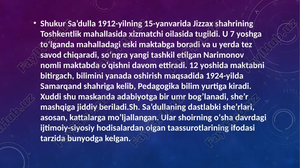 bolalarim” kabi kitoblari bosilib chiqdi. dramaturg shukur saʼdulla tomonidan yaratilgan “yoriltosh”, “gulxan”, “bizning bogʻchamiz”, “dalada bayram”, “vatan ishqi” (dramaturg z. fatxullin bilan hamkorlikda yozilgan), “ikki bilaguzuk”, “zubayda”, “afsona yaratgan qiz” pesalarini tomoshabinlar yaxshi bilishadi. dramaturg shukur sa’dullaning “yoriltosh”, “gulxan”, “bizning boqchamiz”, “dalada bayram”, “vatan ishqi” (dramaturg 3. fatxullin bilan hamkorlikda yozilgan), “ikki bilakuzuk”, “zubayda”, “afsona yaratgan qiz” pyesalarini tomoshabinlar yaxshi bilishadi. quvnoq va jo`shqin asarlar kuychisi bo`lgan shukur sa’dulla o`zining juda ko`p she’r, qo`shiq, ertak, ertak-doston, pyesalarini kichik maktab yoshidagi bolalarga bag`ishlagan. shukur sa’dulla tabiat kuychisi sifatida e’zozlanadi. shoir so`lim bahorni ko`pgina she’rlarida qalamga olib, ayniqsa, kichik maktab yoshidagi bolalarni hayot bilan tanishtiradi, ularda olamni tushunish qobiliyatlarini o`stiradi. shukur sa’dulla ikkinchi jahon urushi davrida yanada barakali ijod etdi. “sen nima qilding?”, “ona va bola”, “shohista” to`plamlarini nashr ettirdi. bu davr shoir she’riyatida bolalar kutgan voqealar o`z aksini topganini ko`ramiz. mavzu rang-barangligi shoirning fikrlash doirasi kengligidan, bolalarni jon-dilidan sevishidan, ona-vatanga cheksiz …