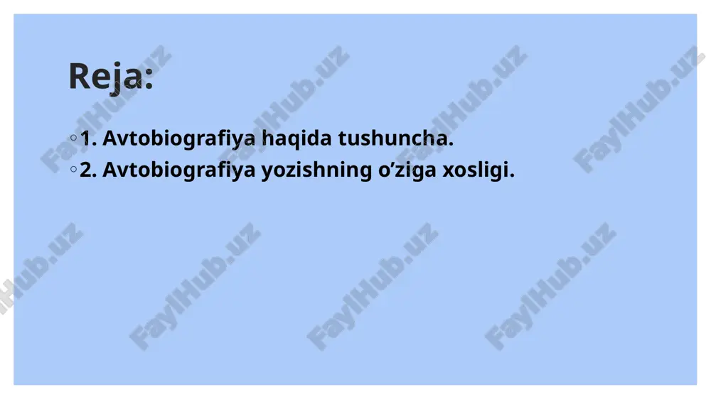 zamon bilan bog‘lab beradi. 3. o‘zini anglash va tahlil introspeksiya: avtobiografiyada muallif o‘z ichki dunyosini, fikrlari va tuyg‘ularini tahlil qiladi. shaxsiy o‘sish: hayotdagi turli bosqichlardagi o‘zgarishlar va o‘sish jarayoni tasvirlanadi. 4. haqiqat va badiiylikning uyg‘unligi haqiqat: avtobiografiyada voqealar real hayotdan olinadi. badiiylik: hikoya qilish uslubi, til va obrazlar orqali badiiy ta’sir kuchaytiriladi. topshiriq avtobiografiya mavzusi bo`yicha audio - test . testni ishlash uchun qr kodni skaner qiling . 2-amaliy mashg’ulot. mashhur shaxslarning avtobiograviyasini o’rganish va ko’nikmalar hosil qilish. talabalar o’zlari hohlagan shaxs avtobiografiyasini tahlil qilish. izoh: malumotlar badiiy asar, internet saytlari ma’lumotlari asosida olinishi mumkin. avtobiografiya natijasida hosil bo’lgan xulosa va tajribalarni tahlil qilish. avtobiografiya (o‘z hayotiy yo‘li haqida qisqacha bayon) yozishda quyidagi talablarni inobatga olish kerak: 1. rasmiylik: til oddiy va rasmiy bo‘lishi kerak, ortiqcha emosional ifodalardan qochish lozim. 2. to‘liq ma’lumot: tug‘ilgan sana va joy. oilaviy holat (ota-onalar, turmush o‘rtog‘i va farzandlar haqida qisqacha). ta’lim (qaysi maktab, kollej, …