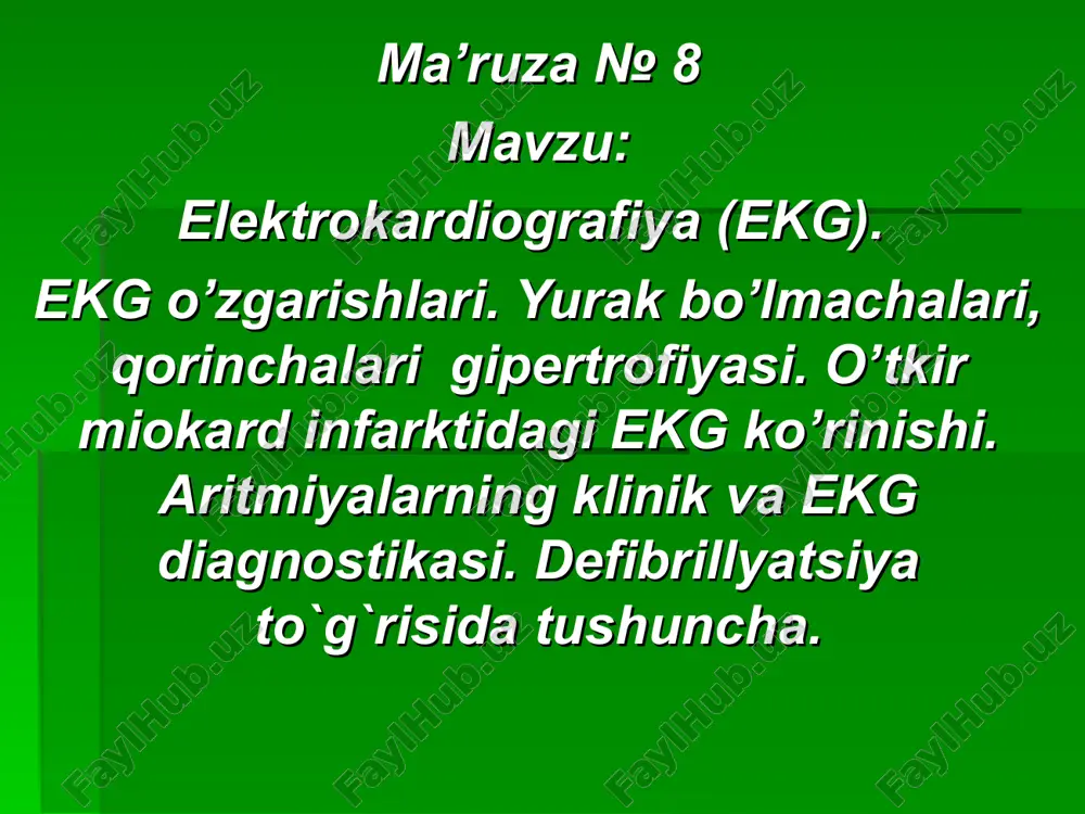 lektrodlar o’ng va chap qo’l bilaklarning pastki qismiga qo’yiladi. 2. standart usulida o’ng qo’l bilagining pastki qismi va chap oyoq boldirining pastki qismiga qo’yiladi. 3.standart usulda chap qo’l bilagining pastki qismi va chap oyoq boldirining pastki qismiga qo’yiladi. bir qutbli kuchaytirilgan usul: biopotensiallar farqi faqat bitta aktiv elektrodga qayd qilinadi. mos ravishda o’ng qo’ldan bir qutbli usul– avr, chap qo’ldan– ayl, chap oyoqdan bir qutbli usul– ayf bir qutbli kuchaytirilgan ulanishlar ko’krakdan olish usullari: bu usullar odatda v harfi bilan belgilanadi (vilson ) bir elektrod qo’lda qoldirilib, ikkinchi elektrod tananing quyidagi nuqtalariga qo’yiladi. v1 – 4 qovurg’alar oralig’idagi to’sh suyagining o’ng chetiga. v2 – 4 qovurg’alar oralig’ining to‘sh suyagining chap chetiga. v3 – v2 va v4 usullarida ko’rsatilgan joylar orasida ko’rsatilgan masofaning o’rtasiga. v4 – beshinchi qovurg’alar oralig’idagi umrov chap tomonga (lin.medioclavicularis sin). v5 – 5-qovurgalar oralig’idagi qo’ltiq osti chizig’idan (lin.axillaries anterior sin) chap tomonida. v6 – 5 qovurg’alar oralig’idagi …