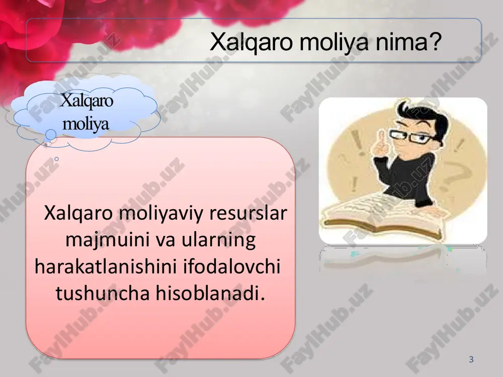 iya kapital oqimlarini kuchaytiradi, mamlakatlar foiz stavkalarini o'zgartirib, valyuta talabini ta'sirlaydi. asosiy ishtirokchilar banklar xalqaro rasmiy qarzdorlar transmilliy korporatsiyalar portfel investorlar xalqaro moliya tizimining asosiy ishtirokchilari bo‘lib quyidagilar hisoblanadi: taqsimlash nazorat barqarorlashtirish tartibga solish 1 2 4 3 xalqaro moliyaning asosiy funksiyalari alohida olingan milliy iqtisodiyotning xalqaro moliya munosabatlaridagi ishtirokini bir necha miqdoriy ko'rsatkichlar bilan tavsiflash mumkin: eksport kvotasining miqdori, bunda eksport hajmi ymmga nisbatan foizda hisoblanadi tashqi savdo kvotasining miqdori, bunda tashqi savdo aylanmasi hajmi ymmga nisbatan foizda hisoblanadi import kvotasining miqdori, bunda import hajmi ymmga nisbatan foizda hisoblanadi iqtisodiy munosabatlar va ta'siri xalqaro iqtisodiy munosabatlar savdo, investitsiyalar va pul muvofiqlashtirish orqali global integratsiyani ta'minlaydi, yaim, qarzlar va defitsitlarga ta'sir ko'rsatadi. ular rivojlanishni rag’batlantiradi, ammo global tengsizlikni kuchaytirishi mumkin, masalan, rivojlanayotgan mamlakatlardagi qarz yuklari. valyuta inqirozlari va muvofiqlashtirishning yo’qligi iqtisodiy beqarorlikka olib keladi. xalqaro tashkilotlarning roli katta: xalqaro valyuta jamg'armasi (xvj) va jahon banki 1944 yilda bretton-vudsda tashkil etilgan …