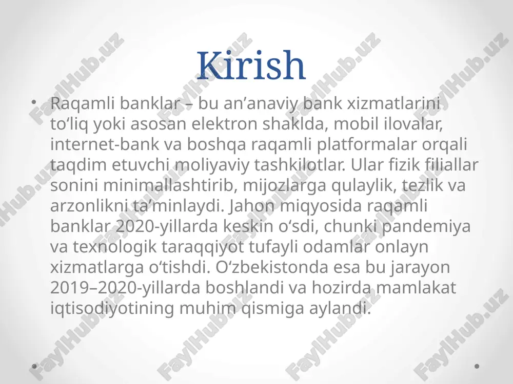 il etdi. afzalligi – toʻliq onlayn roʻyxatdan oʻtish va tez kredit tasdiqlash (5 daqiqa ichida). oʻzbekistondagi asosiy raqamli banklar uzum bank: 2022-yilda litsenziya olgan va e-commerce platformasi uzum bilan birlashgan yagona bank. 2025-yilda qiymati 1,5 milliard dollarga yetdi va “unicorn” statusiga erishdi. xizmatlari: onlayn savdo bilan integratsiyalangan toʻlovlar, kreditlar va jamgʻarmalar. jahon miqyosida kengayish rejalari bor, hozirda 1 milliondan ortiq foydalanuvchisi mavjud. raqamli banklarning afzalliklari afzalliklari: - qulaylik: filiallarsiz, 24/7 xizmat. masalan, tbc orqali xorijiy valyutani real vaqtda konvertatsiya qilish mumkin. - arzonlik: anʼanaviy banklarga nisbatan komissiyalar 50% ga pastroq. oʻzbekistonda raqamli xizmatlar uchun narxlar 2023-yildan beri pasaytirildi. - tezlik va xavfsizlik: biometrik autentifikatsiya va ai asosidagi firibgarlikni aniqlash tizimlari. kpmg maʼlumotlariga koʻra, oʻzbekiston banklari ai ni joriy etib, xavfsizlikni 30% ga oshirdi. - iqtisodiy taʼsir: raqamli banklar yoshlar va chekka hududlardagi aholini moliyaviy xizmatlarga jalb qilmoqda, bu esa iqtisodiy oʻsishga hissa qoʻshmoqda (2024-yilda gdp ga 2–3% qoʻshimcha). kamchiliklari - …