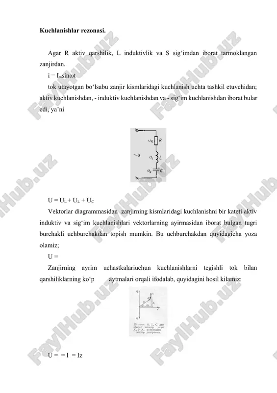 un uning qiymatini bilan belgilab, ni topamiz: 02lc = 1 yoki 0 = - xususiy burchak chastotasi deb ataladi. rezanans vaqtida kuchlanish va tok orasida fazalar siljishi nolga teng, demak cos( = 1, ya’ni: cos = ( ) =1 bulib koladi. kuchlanishlar rezonasining elektrotexnika apparatlari uchun ham, ishchi xodimlar uchun ham xavfligi mana shundadir. kuchlanishlar rezonasi radiotexnikada keng kullaniladi. toklar rezonansi. aktiv, induktiv va sig‘im qarshiliklar umumiy kuchlanishda deb faraz qilaylik. zanjirning kismlaridagi kuchlanish sinusoidal bo‘lganda birinchi parallel tarmokdagi – g‘altak dagi tok quyidagicha bo‘ladi: i1 = = bu tok kuchlanishdan faraz buyicha tangensi tg = ga teng bulgan burchakka orkada koladi. galtakdagi tokning aktiv tashkil etuvchisi ia1 = i1cos1 reaktiv tashkil etuvchisi ip1 = i1sin1 ikkinchi parallel tarmokdagi- kondensatordagi tok i2 = faza buyicha kuchlanishdan 90 % ga ilgari ketadi. umumiy tok tarmokdagi toklarning geometrik yig‘indisiga teng bo‘ladi: i = bunda ia =ia va ip=il - ic = ip1 …
