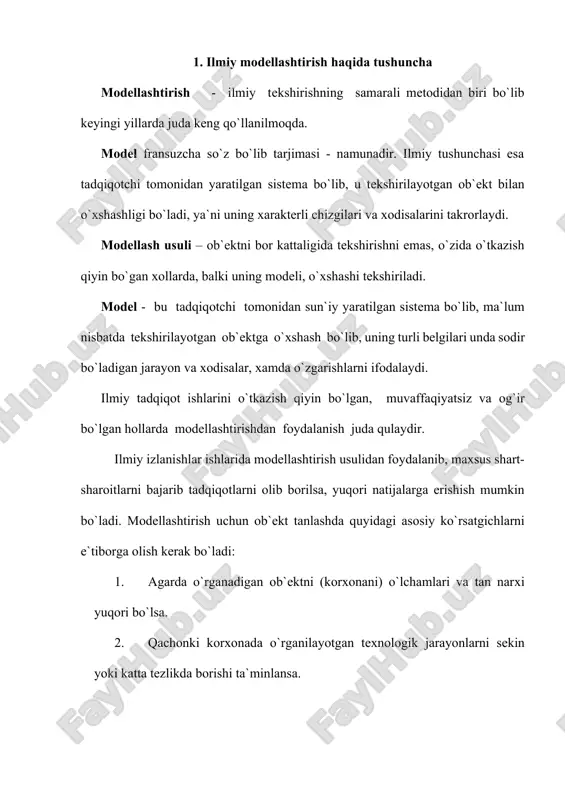 qotlarni bajarish uchun quyidagi modellashtirish (matematik, fizik, tarkibiy) usullari eng ko`p qo`llanib kelmokda. modellashtirishning ikki turi mavjud. 1) moddiy (fizik,mexanik va hokazo) 2) g`oyaviy (loyihaviy, ideal va hokazo) moddiy narsalardan yasalgan modellar moddiy modellashtirishga kiradi. g`oyaviy modellar esa g`oya shaklida mavjud bo`ladi. misol, matematik modellash fizik jarayonlarning matematik ifodalanishi demakdir. matematik modellash ob`ektni to`liq tekshirish va tadqiq qilish masshtabini o`rganish imkoniyatini beradi. xozirgi ilmiy bilish jarayonida keng qo`llaniladigan usullardan biri sistemali usul hisoblanadi. murakkab ob`ektlarni ilmiy bilishda bu usul juda qulay va bu usul muayyan tarzda o`zaro bog`langan va bir qadar yaxlitlikni tashkil etadigan elementlar majmuini o`rganishni o`z ichiga qamrab oladi. har bir tadqiqot ob`ekti va uni tashkil etuvchi elementlar bir butun sistema deb olinsa, shu sistemani tashkil etuvchi har bir element bir-biri bilan o`zining tutgan o`rni, vaqti, imkoniyatlariga ko`ra, bir-biri bilan shu sistemada funktsional bog`langan bo`ladi. bu elementlarning birining o`zgarishi ikkinchisining xam o`zgarishiga olib keladi. shuning uchun xam bular …
