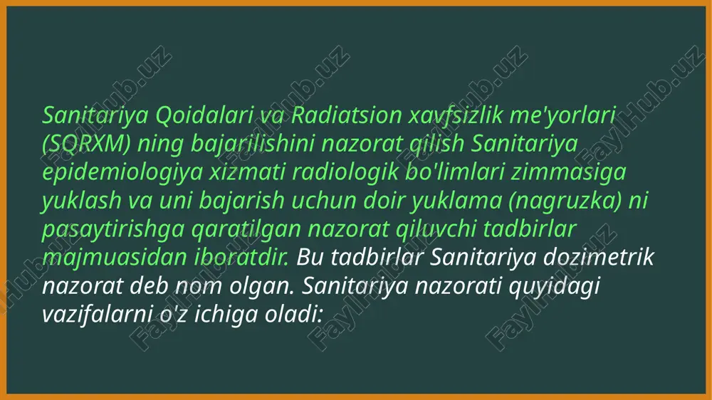 uzatiladi. odam organizmining asosiy qismini suv tashkil etganligi uchun, birinchi navbatda xujayradagi suvlar nurlarni o'ziga biriktirib oladi, oqibatda suv molekulasi ionlashib kimyoviy nuqtai-nazardan yuqori aktivlikka ega boʻlgan on va n turkumidagi ozod radikallarni hosil qiladi. keyinchalik esa bu birikmalar zanjirli katalitik reaksiyalarga kirishadi (bu radikallar asosan hujayra oqsillarini oksidlaydi). bu esa suvning radiolizlanish mahsulotlari orqali qiyosiy (bilvosita) ta'siri demakdir. ionlantiruvchi nurlarning bevosita ta'siri oqsil molekulalarini parchalanishini yuzaga keltirib, juda ham mustahkam bo'lmagan oqsil bog'larini uzib yuborishi, oqsil radikallarini uzilib chiqishi va boshqa denaturatsion o'zgarishlarni keltirib chiqarishi mumkin. dvgi-8d individual dozimetrlari to'plami gamma va rentgen nurlanishining individual doza ekvivalenti hp (10) ni o'lchash. lonlantiruvchi nurlanishlarning ta'siridan yuzaga keladigan shikastlanish va uning samarasi eng avval nurlarning dozasiga va bu nurlarning organizmga ta'sir etish samarasi yiliga 0,5 3v (50 ber yil) va undan ortiq dozada ta'siri surunkali ravishda kuzatiladigan bo'lsa u holda ionlantiruvchi nurlarning surunkali ta'sirida har qanday dozada bo'lsa ham ularning stoxastik …