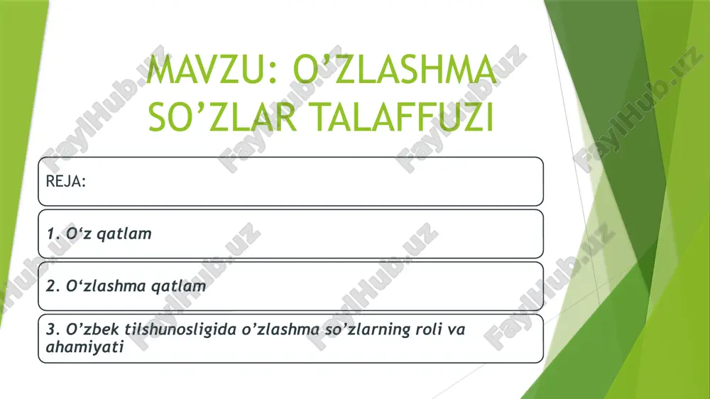 va o‘zlashma qo‘shimchalardan hosil bo‘lgan so‘zlar: tug‘ruqxona, so‘rovnoma. 4. boshqa tillardan kirib kelgan o‘zak va yasovchi qo‘shimchalardan: tilshunos, madadkor, mehnatkash, vagonsiz, ilmiy, gazetxon. qayd etib o‘tilgan umumturkiy so‘zlar va o‘zbek tilining o‘z ichki imkoniyatlari asosida shakllangan so‘zlar tilning o‘z qatlamini tashkil etadi. shuningdek, tilimiz o‘zbek lahja va shevalaridan, qardosh turkiy milliy tillardan kirib kelgan so‘zlar hisobiga ham boyib boradiki, bu ham uning o‘z qatlami imkoniyatlarini oshiradi. 2. o‘zlashma qatlam. tilimizning lug‘at tarkibida boshqa xalqlar tilidan kirib kelgan so‘zlar ham mavjud. bunday so‘zlar tilning lug‘at boyligidagi o‘zlashma qatlamni tashkil etadi. ular quyidagi tillardan tarixning eng qadimgi bosqichlarida o‘zlashtirilgan: 1. hind tildan o‘zlashgan so‘zlar: barcha, bibi, paysa, tovus, chaqmoq. 2. xitoy tilidan o‘zlashgan so‘zlar: choy, lag‘mon, shiypon. 3. qadimgi yunon tilidan: iqlim, marvarid, marmar, ark, billur. o‘zbek adabiy tili leksikasining o‘zlashma so‘zlar qatlami asosini keyingi tarixiy bosqichlar mobaynida yaqin munosabatda bo‘lgan fors-tojik, arab, rus va boshqa xorijiy tillardan o‘zlashgan so‘zlar tashkil etadi. …