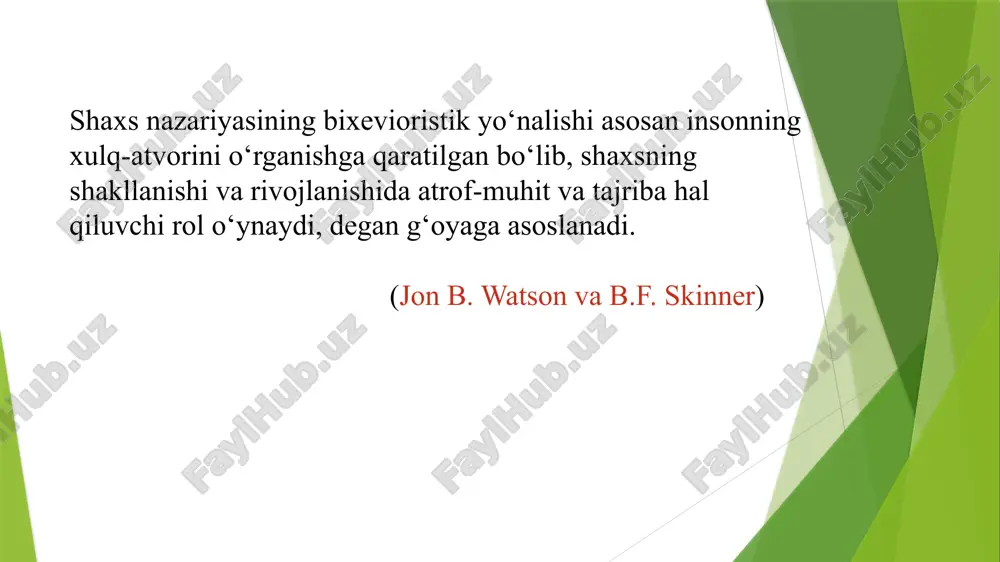 ar tomonidan yuqori natijalarni rag‘batlantiradi. masalan, maoshni oshirish, lavozimni ko‘tarish kabi ijobiy natijalar xodimlarning yaxshi ishlashi uchun qo‘llaniladi. xodimlarning salbiy xatti-harakatlarini kamaytirish: salbiy xulq-atvorni yo‘qotish uchun jazolar yoki cheklovlar ham qo‘llaniladi sog‘liqni saqlash va ijtimoiy muammolarni boshqarish: xulq-atvorni o‘zgartirish: bixevioristik yondashuv sog‘liqni saqlashda xulq-atvorni o‘zgartirish uchun samarali bo‘ldi. masalan, chekishni tashlash, sog‘lom ovqatlanish yoki jismoniy mashqlarni oshirish bo‘yicha dasturlar ijobiy yoki salbiy rag‘batlar asosida tuziladi. sog‘lom turmush tarzini targ‘ib qilish: ko‘plab sog‘liqni saqlash kampaniyalari aholining sog‘lom xatti-harakatlarini rag‘batlantirish orqali xulq-atvorini boshqarishga qaratilgan. ijtimoiy va siyosiy dasturlar: jamiyatda xulq-atvorni boshqarish: hukumat va ijtimoiy tashkilotlar turli siyosiy va ijtimoiy dasturlarda bixevioristik yondashuvdan foydalanadi. ijtimoiy xulq-atvorni shakllantirish, masalan, soliq to‘lash majburiyati yoki yo‘l harakati qoidalariga rioya qilish kabi amaliyotlarni boshqarish rag‘batlar va jazolar orqali amalga oshiriladi. ijtimoiy eksperimentlar: bixevioristik nazariyalar ko‘plab ijtimoiy eksperimentlar orqali insonlarning xulq-atvorini o‘rganish va boshqarishda ishlatilgan. bu jamiyatdagi muayyan muammolarni hal qilishda ham qo‘llaniladi. bixevioristik nazariyaning tizimida o‘zgarishlar o‘tgan …
