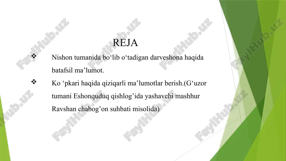 faqat darvesh-qalandarlar hamda gadolarga tarqatishgan bo‘lsa, hozir qishloq ahli o‘zi totadi. yoshi ulug‘lar, bemorlar, kam ta’minlangan xonadonlar yo‘qlanadi. so‘ngra barcha yaratgandan yil barakali kelishini, ekinlar serhosil bo‘lishini so‘rab duo qilishadi. bu ehson taomi hisoblanganligi sababli, uyga olib ketilmagan yaratgandan yil barakali kelishini, ekinlar serhosil bo‘lishini so‘rab duo qilishadi darveshonaga tayyorlangan taom qishloq odamlari tomonidan yig‘ilgan pul yoki mahsulot asosida pishirilgan hamda o‘sha yerning o‘zida yeyilgan. ilgari darveshona taomini faqat darvesh-qalandarlar hamda gadolarga tarqatishgan bo‘lsa, hozir qishloq ahli o‘zi totadi. yoshi ulug‘lar, bemorlar, kam ta’minlangan xonadonlar yo‘qlanadi. darveshonaning boshqa marosimlardan farqli tomonlari bizning nishon tomonlardagi qir-u yaylovlar bahor kelishi bilan yam-yashil o‘tlar bilan qoplanadi. go‘yoki, tabiat egniga yashil matodan libos kiyadi. hisobsiz qirlarning yuzida esa to‘p-to‘p bo‘lib yurgan qo‘y-qo‘zilarning qorasi ko‘zga tashlanadi. ko‘zi yoriganiga hali bir oy ham bo‘lmagan toychoqlar kengliklar bo‘ylab tinimsiz yuguradi.har bir mahalla alohida qilishadi.bizda 4 ta mahalla bor.mahalla oqsoqoli ,ya’ni raisi har bir xonodondan odam boshiga ( …