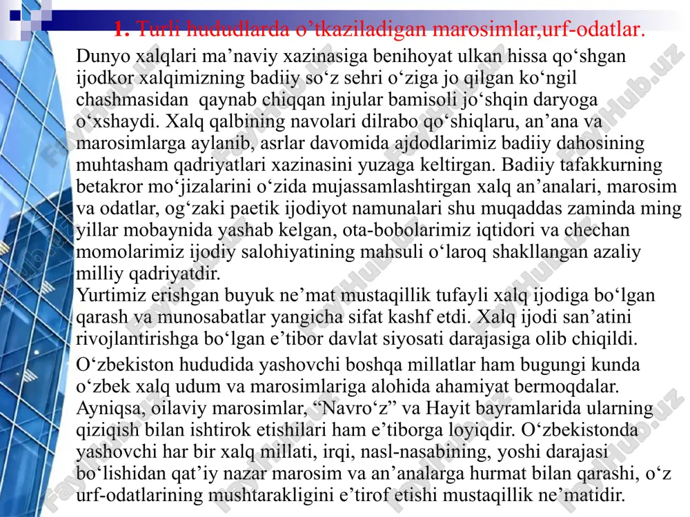 etnik an’analar, urf-odatlar, marosimlar va bayram va sayillar shakllanib taraqqiy etib boradi. ular kishilar turmush-tarzining muhim bir bo‘g‘ini tarzida tarkib topib boradi. milliy o‘zlikni anglash, qadriyatlarni qayta tiklash jarayoni bevosita o‘zbek xalqining ma’naviy va madaniy merosini, uning milliy an’ana va odatlarini o‘z ichiga olgan ma’naviy hayoti tarixini chuqur o‘rganish bilan chambarchas bog‘liqdir. mamlakatimizda asrlar mobaynida yaratilgan g‘oyatda boy, nomoddiy va madaniy meros durdonalarni asrab-avaylash, muhofaza qilish, ilmiy o‘rganish, targ‘ib qilish va yanada taraqqiy ettirish, ayniqsa, bugungi kunga qadar o‘zining jonli ijro holatini saqlab kelayotgan oilaviy marosimlar, odat va an’analarni to‘g‘ri talqin qilib uni ilmiy o‘rganishga alohida ahamiyat berilmoqda. o‘zbek xalqi odatlari orasida chaqaloq dunyoga kelishi bilan bog‘liq an’analari tizimi alohida o‘rin tutadi. bu tizim chaqaloq tug‘ilganida qarindosh-urug‘, yor-birodarlardan suyunchi olish, bolani cho‘miltirish, ilk bor ko‘ylak kiydirish, chaqaloqqa ism qo‘yish, kichik va katta chillani o‘tkazish, bolani beshikka solish kabi maxsus tadbirlardan tarkib topgan. beshik to‘yi. o‘zbekistonda keng tarqalgan qadimiy marosimlardan biridir. …