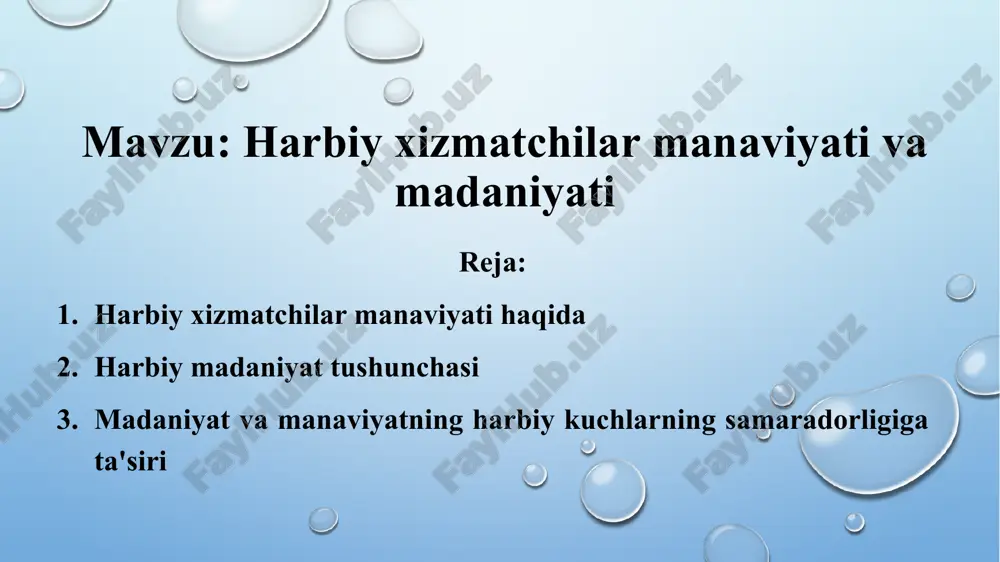 ining madaniy va ma'naviy merosini hurmat qilish, o'zlarini maqsadga erishishda doimiy ravishda ruhiy jihatdan mustahkam tutishadi. ruhiy holat: harbiy xizmatchilar o'zlarining ruhiy holatini saqlab, barcha sharoitlarga moslashib, yuqori darajadagi psixologik chidamlilikni ko'rsatadilar. ushbu tushuncha, ularning vazifalarini samarali va mustahkam bajarishida, shuningdek, jamoaviy ruhni rivojlantirishda muhim omil hisoblanadi. harbiy xizmatchilar manaviyatning asosiy omillari 5 manaviyat har bir insonning ichki dunyosi va axloqiy qadriyatlari bilan bog'liq bo'lib, harbiy xizmatchilarda bu tushuncha bir nechta asosiy omillar orqali shakllanadi. quyidagi omillar harbiy xizmatchilarda manaviyatni rivojlantiradi: ma'naviy qadriyatlar: harbiy xizmatchilar o'z vataniga, oilasiga va jamiyatiga nisbatan yuqori ma'naviy qadriyatlarni hurmat qilishadi. ular adolat, halollik, o'zaro yordam va vatanparvarlik kabi qadriyatlarni doimiy ravishda o'z amaliyotlarida namoyon etadilar. jamoaviy ruh: jamoaviy ruh harbiy xizmatchilar orasida bir-birini qo'llab-quvvatlash, hamkorlik va do'stlikni rivojlantiradi. jamoada ishlashda ular bir-birlariga ishonadilar va birgalikda qiyinchiliklarga qarshi turadilar. hurmat: hurmat — harbiy xizmatchilar orasida axloqiy va ijtimoiy munosabatlarni mustahkamlovchi asosiy omil hisoblanadi. harbiy xizmatchilar …