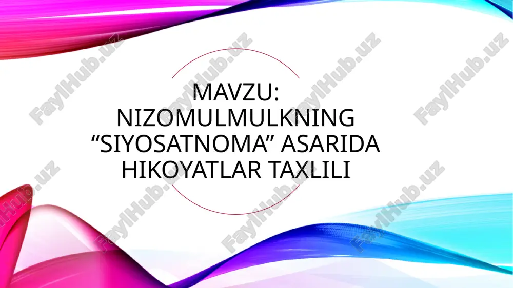 irmachilik (separatistik) harakatlariga qarshi kurashib, davlatni boshqarish ishlarinimarkazlashtirish siyosatini oʻtkazgan. 1067 yil bagʻdodda "nizomiyya" aqoid va huquq madrasasini qurdiradi. 1091 yil "siyosatnoma" ("siyar ul-muluk") asarini yozadi. unda davlat boshqaruviga aloqador qariyb hamma qoida va qonunlar, usul va vositalar, qozi va qozixona ishlari, qoʻshin va sarbozlar, xizmatchi va shaxsiy sarbozlar masalalari, saroydagi soqchilaru posbonlar vazifalari, ularning maoshlari, pochta va aygʻoqchilik (razvedka) ishlari, ularning moddiy jihatlari, hatto shohning oilaviy ishlari, soliq va hiroj, zakot va vaqf masalalari ham oʻrin olgan. asarning asosiy gʻoyasi shundan iboratki, vazir shoh va hokimlarni adlu insofga, sulh va muruvvatga, davlatni oqilona boshqarib, qatʼiy qoida va tartib oʻrnatishga, amaldorlarni vijdonli, pok, halol va iymonli boʻlishga, mamlakat obodonligi, uning ahli farovonligi, tinchlik va totuvligini taʼminlash uchun harakat qilishga daʼvat qiladi. bagʻdod safari yoʻlida yollangan qotil tigʻidan halok boʻladi. siyosatnomaning asosiy g'oyasi shundan iboratki, vazir nizom ul-mulk shoh va hokimlarni adlu insofga, sulh va muruvvatga, davlatni oqilona boshqarib, qat’iy qoida …