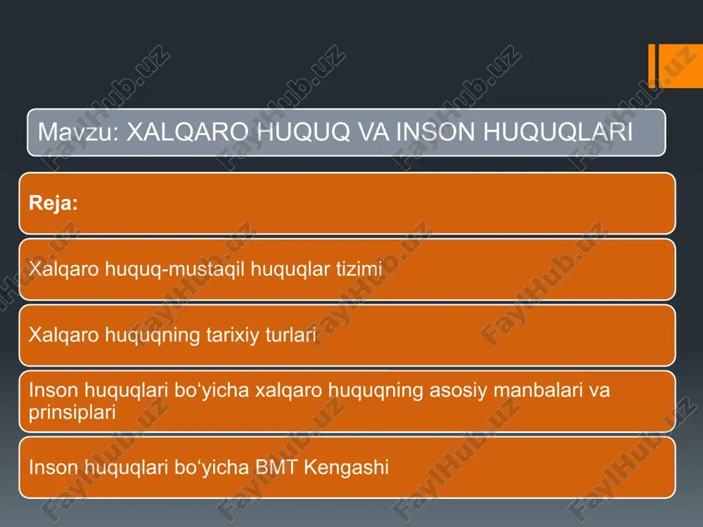ing xalqaro shartnomalari normalarini ifodalovchi me’yorlar mavjud. biroq davlatda ichki munosabatlar uning ichki huquqi bilan boshqariladi. agar xalqaro huquq normalari davlatnnng ichki daxliga ta’sir o’tkazadigan bo’lsa, bu shu davlatning huquqi mana shunday ta’sirini ko’zda tutishdan kelib chiqadi. ichki davlat huquqi sub’ektlari jismoniy, yuridik shaxslar va davlat organlaridan iborat. xalqaro huquq sub’ektlari èsa asosan ustidan hech qanday hukmronlik bo’lmagan suveren davlatdan, o’z davlatlari (davlatlarning shakllanish bosqichini barpo ètish uchun kurashayotgan millatlar va xalqaro, davlatlararo tashkilotlar, ayrim davlatsifat uyushmalar (èrkin shaharlar, vatika va boshqalar)dan iborat. 2.xalqaro huquqning tarixiy turlari har bir ijtimoiy-iqtisodiy formatsiyada xalqaro huquqning o’ziga xos tarixiy turlari ishlab chiqiladi. shuning uchun ibtidoiy jamiyat xalqaro huquqy o’rta asr jamiyati xalqaro huqukida, bu èsa hozirgi zamon xalqaro huquvqidan farq qiladi. xalqaro huquqling rivojlanishi umuman jamiyat rivojiga mos ravishda ko’tarilish yo’lidan bordi. biroq bu erda ham orqaga qo’yilgan qadamlar bo’ladi. xalqaro huquq èng avvalo, o’z tarixiy turlarining inqilobiy yo’l bilan almashinishi orqali rivojlanadi. …