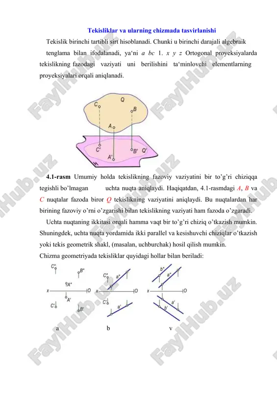 g’ri chiziqda yotadi. uchinchi izi esa proyeksiyalarini o’qi bilan 45° burchak hosil qiladi (4.3,v-rasm). a b v 4.3-rasm tekisliklarning proyeksiyalar tekisliklariga nisbatan vaziyatlari tekislik fazoda proyeksiyalar tekisliklariga nisbatan umumiy va xususiy vaziyatlarda joylashishi mumkin. umumiy vaziyatdagi tekisliklar. agar tekislik proyeksiyalar tekisliklarining birortasiga parallel yoki perpendikulyar bo’lmasa, uni umumiy vaziyatdagi tekislik deyiladi (4.3,a-rasm). chizmada umumiy vaziyatdagi tekislikning izlari proyeksiyalar o’qlari bilan ixtiyoriy burchak hosil qiladi. agar biror p tekislik proyeksiyalar tekisliklari bilan bir xil burchak hosil qilsa, uning ph ph va pv izlari ox o’qi bilan bir xil burchak hosil qiladi (4.3,b-rasm). tekislikning bosh chiziqlari tekislikning bosh chiziqlariga uning gorizontal va frontal chiziqlari kiradi. tekislikning gorizontali ta‟rif. tekislikka tegishli to’g’ri chiziq h tekisligiga parallel bo’lsa, bu to’g’ri chiziq tekislikning gorizontali deyiladi. bunda hp hamda h∥h bo’lsa, h to’g’ri chiziq p tekislikning gorizontal chizig’i bo’ladi. chizmada tekislik gorizontalining frontal proyeksiyasi ox ga parallel, ya‘ni h″∥ox bo’ladi, tekislik gorizontalining gorizontal proyeksiyasi esa tekislikning …