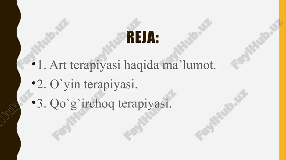 ʻazab, qoʻrquv, quvonch va boshqalarni ramziy ravishda ifodalash va oʻrganish uchun ishlatilishi mumkin..art-terapiya texnikasi insonning ichki „men“i mazmuni u chizgan rasm yoki haykaltaroshlik qilganda vizual tasvirlarida aks etadi, degan xulosaga asoslanadi, bunda psixikaning holati oʻzgaradi. o’yin terapiyasi asosan bolalar uchun qo’llaniladi. buning sababi shundaki, bolalar o’z his-tuyg’ularini qayta ishlay olmaydilar yoki ota-onalarga bildira olmaydilar. malakali terapevt bolaning muammolarini kuzatish va tushunish uchun o’yin vaqtidan foydalanishi mumkin. o’yin terapiyasi psixologlar va psixiatrlar kabi turli litsenziyaga ega ruhiy salomatlik mutaxassislari tomonidan qo’llaniladi. bundan tashqari, o’yin terapiyasi assotsiyatsiyasi litsenziyalangan ruhiy salomatlik mutaxassislari, maktab maslahatchilari va maktab psixologlari uchun maxsus o’quv dasturlari va kengaytirilgan ma’lumotlarni taqdim etadi. o`yin terapiyasi professional play therapy international tashkilotiga ko’ra, o’yin terapiyasiga yuborilgan bolalarning 71 foizi ijobiy o’zgarishlarni boshdan kechirishi mumkin. o’yin terapiyasi barcha yoshdagi odamlarga foyda keltirishi mumkin bo’lsa-da, u odatda 3 yoshdan 12 yoshgacha bo’lgan bolalarda qo’llaniladi. o’yin terapiyasi turli vaziyatlarda foydali bo’lishi mumkin: 1. tibbiy muolajalar, …