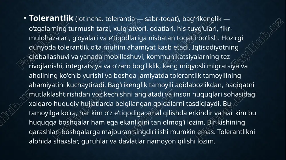 oiy taraqqiyotning eng muhim omillaridan biridir. aksincha, milliy g’oyaning ahamiyatini tushunib etmaslik jamiyat hayotini, tinchlik va barqarorlikni izdan chiqarishi mumkin. millatlararo totuvlik va hamjihatlikka rahna soluvchi illatbu-tajavvuzkor millatchilik va shovinizmdir. bunday zararli g’oyalar ta’siriga tushgan jamiyat beqarorlik holatiga yuz tutishi muqarrar millatlararo totuvlik va hamjihatlikka rahna soluvchi illat bu - tajavvuzkor millatchilik va shovinizmdir. bunday zararli g’oyalar ta’siriga tushgan jamiyat beqarorlik holatiga yuz tutishi muqarrar. “jahon tajribasidan millatlar yoki etnik guruhlar o’rtasidagi o’zaro munosabatlarda an’anavi yuyg’unlik vujudga kelgan mamlakatlarda ko’pelatlilik omili davlatlarning siyosiy-iqtisodiy rivojlanishiga samarali, rag’batlantiruvchi ta’sir etishini ko’rsatuvchi misollarni ko’plab keltirish mumkin. bu mamlakatlarda etnik guruhlar va irqlar o’rtasida ma’lum muammolar mavjud. shungaqaramay, ko’p elatlilik omili ularning ijtimoiy-iqtisodiy taraqqiyoti yo’lidagi to’g’anoqqa aylanib qolmagan. aksincha, taraqqiyotning jadallashuviga yordam bergan millatlarning va madaniyatlarning bir-biriga ta’sir ko’rsatishi budavlatlarda yashayotgan xalqlarning ijtimoiy-aqliy boyishiuchun yaxshi manbaga aylangan. shunday qilib, bu mamlakatlarda ko’p millatlilik omili demokratik o’zgarishlarni jadallashtirish va ijtimoiy-iqtisodiy taraqqiyotning fuqarolar jamiyati qurilishi-ning ta’sirchan …