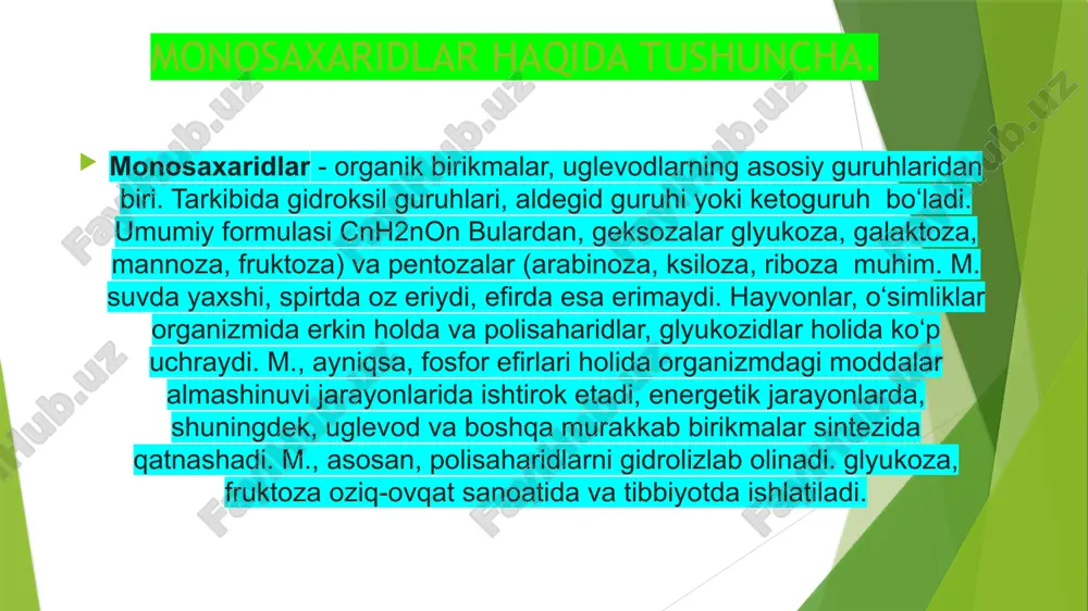 nsatlanish polimerlari deb qaraladi. polisaxaridlar monosaxaridlar tarkibiga koʻra, gomopolisaxaridlar va geteropolisaxaridlarga boʻlinadi. polisaxaridlardan sellyuloza, kraxmal va gummilar ayniqsa koʻp ishlatiladi,yopishtiruvchi modda, plyonka va tola tayyorlashda xom ashyo sifatida qoʻllanadi glukoza formulasi saxaroza formulasi kraxmal formulasi image1.png image2.png image3.png /docprops/thumbnail.jpeg