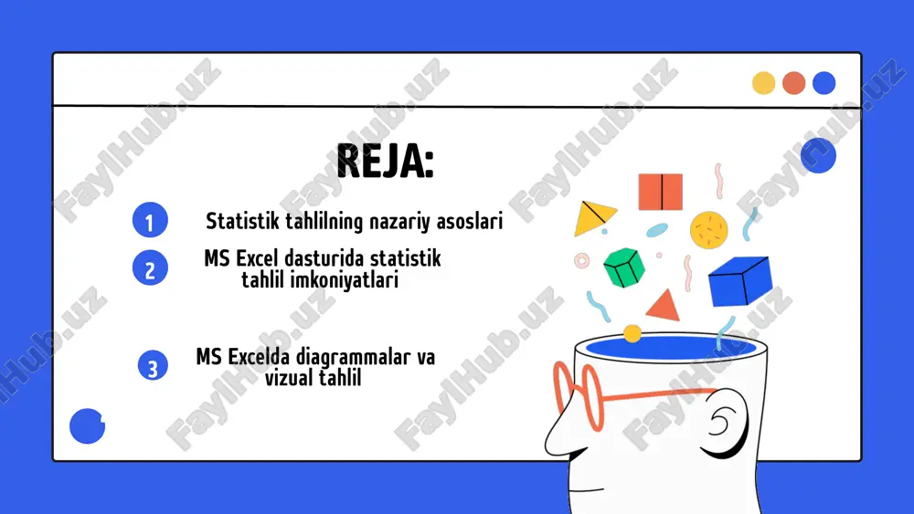 himchasi orqali murakkab statistik tahlillarni ham bajarish mumkin. 1.tezkor hisob-kitoblar: ma’lumotlar bilan ishlashda vaqtni tejash va inson xatosini kamaytirish imkoniyati. 2.vizual tahlil: turli xil grafik va diagrammalar yordamida ma’lumotlarni aniq va tushunarli tarzda namoyish etish. 3. murakkab funksiyalarni soddalashtirish: regressiya, korrelyatsiya, dispersiya, standart og‘ish kabi statistik ko‘rsatkichlarni bir necha qadamda hisoblash. ms excel yordamida statistik tahlilni amalga oshirish bir qator ustunliklarga ega: statistik tahlilning nazariy asoslari statistik tahlil – bu maʼlumotlarni yig‘ish, qayta ishlash, tahlil qilish va ular asosida ilmiy asoslangan xulosalar chiqarish jarayonidir. statistik tahlilning asosiy vazifasi – turli o‘zgaruvchilar o‘rtasidagi bog‘liqliklarni aniqlash, tendensiyalarni ko‘rsatish hamda kelgusidagi holatni prognoz qilishdir. ·statistik tahlilning boshlang‘ich bosqichi maʼlumotlarni to‘plashdan iborat. ·maʼlumotlar quyidagi manbalardan olinishi mumkin: so‘rovnomalar, eksperimentlar, davlat statistika qo‘mitasi maʼlumotlari, internet resurslari, korxonalar hisobotlari. ·maʼlumotlarni to‘plashda aniqlik, to‘liqlik va dolzarblik tamoyillari muhimdir. misol: talabalar reyting ballarini tahlil qilish uchun 50 nafar talabadan olingan yakuniy ballar to‘plami. statistik tahlil quyidagi bosqichlarda amalga …