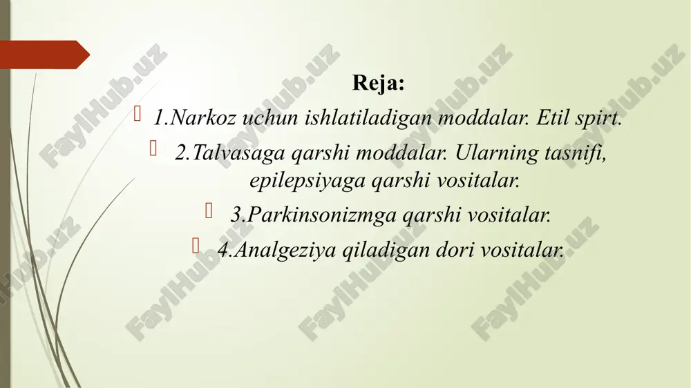 boriladi. dietil efir - narkoz uchun ishlatiladigan efir ya`ni dietil efirning xloroformga qaraganda yaxshi tomonlari bo`lgani uchun o`z vaqtida keng miqyosda ishlatilgan. chunonchi, efirning narkotik ta`sir doirasi keng, xlor saqlovchi moddalarga qarama-qarshi ularoq, miokardni katexolaminlarga (adrenalin) bo`lgan sezuvchanligini oshirmaydi va narkozni boshqarish oson va xavfsizroqdir ftorotan (galotan, flyuotan) - narkotik faolligi yuqori, yengil uchuvchan, yonmaydigan, kislorod va azot (i)-oksid bilan qo`shilganda portlamaydigan modda, bo’lib uni ilk bor 1956 yilda kauepioz ochgan. bundan tashqari, ftorotan bronx yo`llarini qitiqlamaydi, xirurgik narkoz davri tez (3-5 daqiqa) boshlanadi, qo`zg`alish davri qisqa va yuzaki, uyg`onish tez yuzaga chiqadi (3-5 daqiqa), qo`zg`alish deyarli kuzatilmaydi. kamchiliklari bradikardiya chaqirishi, miokardning adrenalin va noradrenalinga sezuvchanligini oshirishi (ular yurak fibrillyatsisi, aritmiyalarni berishi mumkin) hisoblanadi. uning kamchiliklarini bartaraf etish uchun atropin, promedol yuboriladi. ftorotan azot (i)-oksid va boshqa narkoz moddalari bilan birga ishlatilishi mumkin. siklopropan — rangsiz, o‘ziga xos hidli, tez yonuvchan gaz. nafas yo‘llarini ta’sirlamaydi, narkoz qo‘zg‘alish davrisiz tez boshlanadi. …