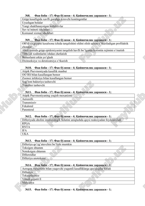 da gripp epidemiyasini tarqalish havfli bo’lganda korontin rejimini o’rnatish tibbiyot xodimlarini ishdan chetlatish bemorlarni erkin yo’qlash dizinseksiya va deratizatsiya o’tkazish №10. fan bobi - 17; fan bo'limi - 4; qiyinchilik darajasi - 1; atipik pnevmoniyada kasallik manbai oo`rs bilan kasallangan bemor zoonoz infeksiya bilan kasallangan bemor sog’lom bakteriya tashuvchi tranzitor tashuvchi №11. fan bobi - 17; fan bo'limi - 4; qiyinchilik darajasi - 1; atipik pnevmoniyaning yuqish mexanizmi aerozolli transmissiv fekaloral parenteral №12. fan bobi - 17; fan bo'limi - 4; qiyinchilik darajasi - 1; difteriyada aholini immunalogik holatini aniqlashda qaysi reaksiyadan foydalaniladi rpga rnta ifa uka №13. fan bobi - 17; fan bo'limi - 4; qiyinchilik darajasi - 1; difteriya qo’zg’atuvchisi bo’lishi mumkin toksigen shtamm notoksigen shtamm difteroidlar difteriya anotoksini №14. fan bobi - 17; fan bo'limi - 4; qiyinchilik darajasi - 1; aerogen mexanizm bilan yuquvchi yuqumli kasalliklarga quyidagilar kiradi difteriya toksoplazmoz virusli gepatit e malyariya №15. fan …