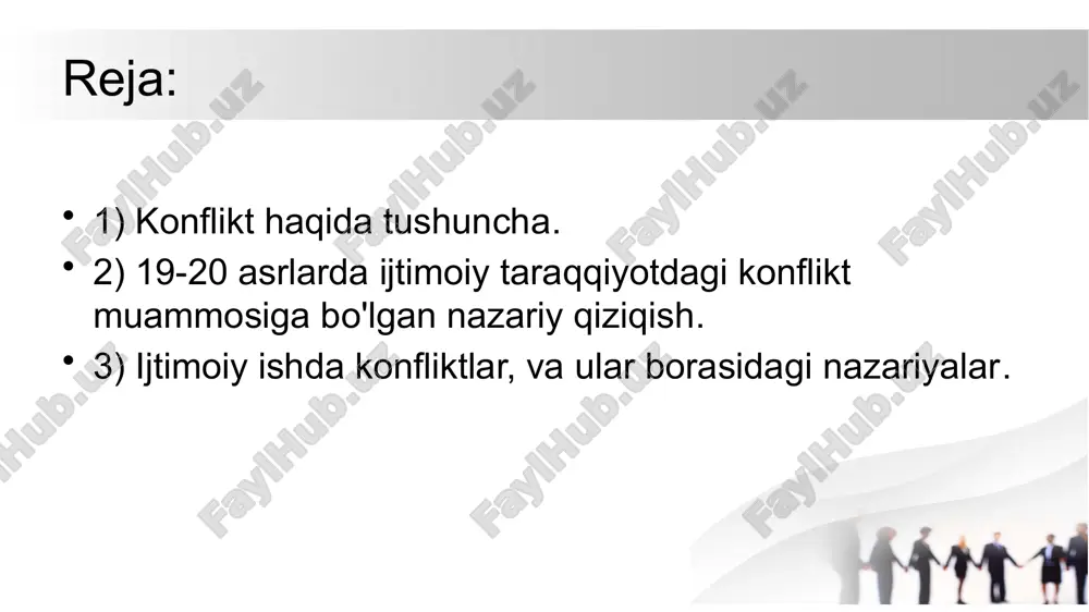 ʻzaro toʻqnashishi, ixtilofi. konflikt epik asarlarga nisbatan qoʻllanadi, dedektiv romanlarda esa u kolliziya, kechinma, fikr oqimi tarzida namoyon boʻladi. konfliktning 3 xil koʻrinishi mavjud: asar qahramonlarining bir birlari bilan toʻqnashuvi, kurashi, shartsharoit, muhit bilan toʻqnashuv; oʻz-oʻzi bilan ichki kurash. keskinlashtiruvchi xususiyatga ega. konfliktda yozuvchining dunyoqarashi, voqelikni, hayotni, dunyoni va insonni qanday idrok etishi va tushunishi namoyon boʻladi. dramaturgiyada "tashqi" konfliktga keng oʻrin beriladi, bunda qahramonlar oʻzaro bir-biri bilan ixtilofda, kurashda boʻladi, "ichki" konfliktda esa qahramonning oʻz burchini his etishi bilan ojiz ruhiy tomoni, hissiy iztiroblari, holati oʻrtasidagi ziddiyat tarzida koʻrinadi. mazmuni, yoʻnalishi nuqtai nazaridan konfliktning maishiy, axloqiy, ijtimoiy, siyosiy, falsafiy va boshqa turlari mavjud. konflikt siyosiy konfliktga, siyosiy konflikt falsafiy konfliktga aylanishi mumkin. katta, oʻtkir gʻoyalar uchun keskin kurashga asoslangan toʻqnashuvda fojiaviy ruh ustun boʻlib, fojiaviy konfliktni tugʻdiradi yoki kulgili, oʻtkir hajviy yoʻnalishdagi vaziyat, holat, voqealar kulgili ruhni hosil qiladi. konfliktning mohiyati zamon, makon bilan jips bogʻliq. 2-reja:xix-xx asrlar arafasida …