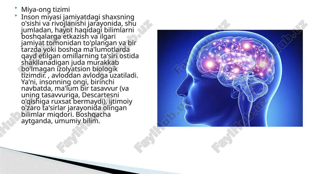 hdir. ayni vaqtda materialistik yoʻnalish nomini olgan bunday yondashuvlar doirasida ongning mohiyatini buzib talqin qilish hollari ham paydo boʻldi. vulgar materializm deb nom olgan oqim namoyandalarining fikricha, xuddi jigar saf-roni ishlab chiqargani kabi, miya ham ongni ishlab chiqarar emish. bunday yondashuv natijasida ong ideal emas, moddiy hodisa degan xulosa kelib chiqadi. vaholanki, safroni koʻrish mumkin, ammo ongni koʻrib ham, ushlab ham boʻlmaydi. aslida ong tarixi insonning inson boʻlib shakllana boshlashi tarixi bilan bogʻliqdir. inson ham biologik, ham ijtimoiy mavjudot ekan, demak, ong ham biologik va ijtimoiy taraqqiyot mahsulidir. ong insonning fikr va hislari, sezgilari, tasavvurlari, irodasi va karashlaridan tashkil topgan. oʻz-oʻzini anglash, xotira, iroda, nutq ongning asosiy jihatlaridir. ong keng maʼnoga ega boʻlgan tushunchadir. ong quyidagilarni anglatishi mumkin: behush holatlardan (chuqur uyqu, hushidan ketish va boshqalar) farq qiladigan „uygʻonish“ holati; oʻz tajribalari va xatti-harakatlari toʻgʻrisida hisobot berish qobiliyatini nazarda tutadigan „aql-idrok“ holati; sub’ektiv tajriba hodisalari majmui, jumladan, aks ettirish, oʻz-oʻzini …