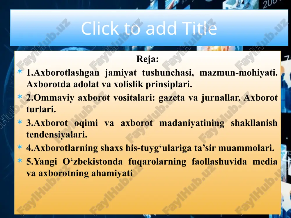 ma'noni tushunish mumkin: qizil olma deganda, mevaning ma'lum bir rangi tushuniladi, demak barcha ma'lumotlar axborotga aylanishi uchun voqea - xodisa to`g`risidagi butun xususiyatlarni ifodalashi lozim. birinchi information inqilob yozuvning kashf etilishi bilan bog’liq. yozuv insoniyatga bilimlarni to’plash va uni avlodlarga uzatish imkonini berdi. o’z yozuviga ega bo’lgan sivilizatsiyalar boshqalariga nisbatan yuqori iqtisodiy va madaniy darajaga erishganligi ma’lum. bunga misol qilib, qadimgi misr, ikki daryo oralog’i davlatlari, xitoy kabilarni keltirish mumkin. bu borada piktografik va ieroglifik yozuvdan alfavitli yozuvga o’tish alohida ahamiyatga ega bo’ldi. ikkinchi information inqilob (xvi asr o’rtalari) kitob bosishning ixtiro qilinishi bilan bog’liq. bu hodisa axborotlarni saqlabgina qolmay, ularni ommaga yoyish imkoniyatini yaratdi. savodxonlik alohoda tabaqalar doirasidan chiqib, ommaviy tusga kirdi. bular ilmiy texnika rivojlanish jarayonini tezlashtirdi. kitoblar bilimlarning alohida mamlakat chegarasidan chiqib, umuminsoniy sivilizatsiya yaratilish jarayonoga turtki bo’ldi. uchinchi information iqilob (xix asr oxiri) aloqa vositalarining taraqqiyoti bilan bog’liq. telegraf , telefon va radio ma’lumotlarni turli masofalarga …