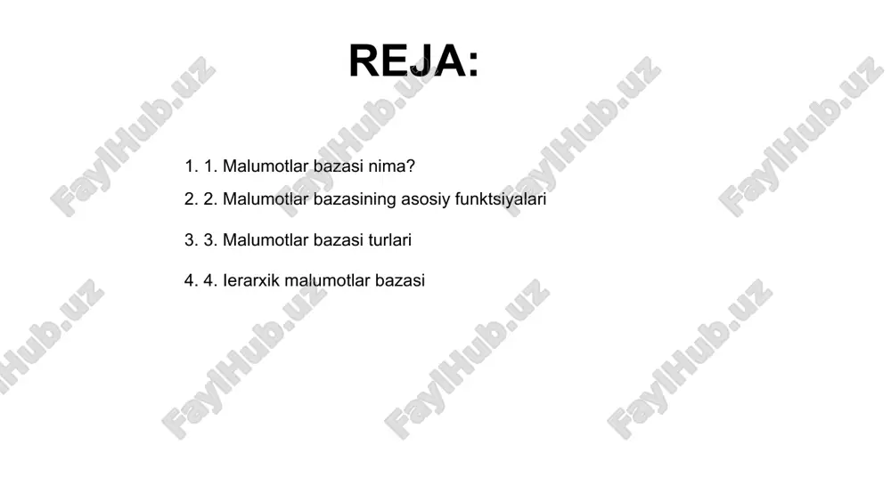 tta ota elementga ega bo'ladi. bu turdagi bazalarda ma'lumotlar qat'iy tuzilgan bo'lib, har bir element faqat bitta ustun element bilan bog'langan bo'ladi. ierarxik bazalar tezkor izlash imkonini beradi, ammo murakkab bog'lanishlarni yaratish va yangilash biroz qiyinchilik tug'dirishi mumkin. 01 03 02 5. relatsion malumotlar bazasi relatsion ma'lumotlar bazasi — bu ma'lumotlar strukturasi jadval shaklida tashkil etilgan bo'lib, har bir jadval qatorlar va ustunlardan iboratdir. ushbu turdagi ma'lumotlar bazasi orqali ma'lumotlarni qidirish, tahrirlash va boshqarish ishlari osonlik bilan amalga oshiriladi va samaradorlik oshadi. relatsion bazalarda ma'lumotlar orasida bog'lanishlar mavjud bo'lib, bu ularni aniq, tartibli hamda bir-biriga bog'langan holatda saqlash imkonini beradi. 02 01 03 6. ob'ektga yo'naltirilgan malumotlar bazasi 01 02 04 ob'ektga yo'naltirilgan ma'lumotlar bazasi dasturchilar uchun qulay muhit yaratadi. u obyektlarni sinflar asosida tashkil etishga imkon beradi. bu turdagi ma'lumotlar bazasi an'anaviy relatsion tizimlarga qaraganda murakkab tuzilmalarni yaxshiroq ifodalaydi. xususiyatlar va metodlar obyektlarga bog'liq holda saqlanadi. ob'ektga yo'naltirilgan yondashuv …