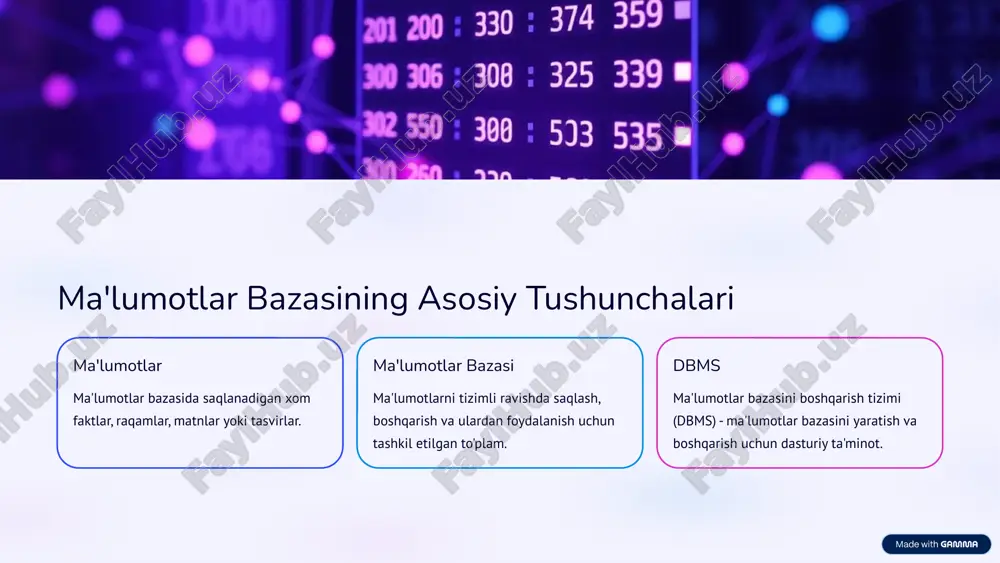 larni ko'rsatadi. relyatsion dblar tuzilgan ma'lumotlar va murakkab so'rovlar uchun qulay bo'lsa, nosql dblar masshtablanish va moslashuvchanlikni ta'minlaydi. 5 bulutli ma'lumotlar bazalari bulutli ma'lumotlar bazalari ma'lumotlarni bulut platformasida saqlash va boshqarish imkonini beradi. ular masshtablanish, moslashuvchanlik va xarajat samaradorligini taklif etadi. xizmat sifatida ma'lumotlar bazasi (dbaas) modeli orqali foydalanuvchilar infratuzilmani boshqarishdan xalos bo'lishadi. afzalliklari masshtablanish xarajat samaradorligi yuqori mavjudlik boshqarishning soddaligi kamchiliklari xavfsizlik xavotirlari vendorga bog'liqlik ma'lumotlarni uzatish xarajatlari 6 ma'lumotlar bazasini tanlash omillari ma'lumotlar turi tuzilgan, yarim tuzilgan yoki tuzilmagan ma'lumotlar. masshtablanish talablari kelajakdagi o'sish va yuklamalar. ishlash talablari so'rov tezligi va tranzaksiya hajmi. xarajatlar litsenziyalash, infratuzilma va boshqaruv xarajatlari. jamoa tajribasi jamoaning mavjud bilim va ko'nikmalari. 7 ma'lumotlar bazasining xavfsizligi ma'lumotlar bazasi xavfsizligi ma'lumotlarni ruxsatsiz kirish, buzilish va yo'qotishdan himoya qilishni o'z ichiga oladi. bu muhim jihat bo'lib, ma'lumotlar yaxlitligi va maxfiyligini ta'minlaydi. kirishni cheklash foydalanuvchi rollari va ruxsatnomalari. ma'lumotlarni shifrlash ma'lumotlarni saqlash va uzatish vaqtida shifrlash. audit …