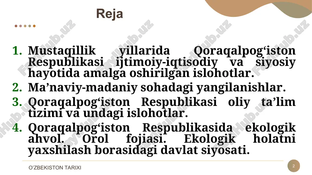 i. qoraqolpog’iston respublikasi davlat ramzlari davlat ramzlari * * parlament- qoraqalpog’iston respublikasi jo’qorg’i kengesi hisoblanadi. 86 deputatdan iborat. uning raisi, bir paytning o’zida o’zbekiston respublikasi senati raisining birinchi o’rinbosari hisoblanadi. qoraqalpog’iston respublikasi iqtisodiyoti 1991-2000-yillarda * 1999-yilning 1-yanvarigacha bo‘lgan ma’lumotlarga qaraganda xususiylashtirishdan tushgan mablag‘larning umumiy xajmi 650 million so’mni tashkil etdi. uning 20% respublika ijtimoiy taraqqiyotiga ajratildi. 50% esa tadbirkorlarni qo’llab-quvvatlash maqsadida imtiyozli kreditlar ajratishga sarflandi. * yirik sanoat korxonalari * ustyurt gaz-kimyo kombinati. 2012 – yil ustyurt gaz-kimyo kombinati * mulkni davlat tasarrufidan chiqarish ishlab chiqarishda nodavlat sektorning ulushi 1997-yilning 1-yanvar holatiga ko’ra * qoraqalpog’iston respublikasining tashqi savdodagi asosiy sheriklari eksport qilingan tovarlar hajmi 1996-yilda 122,9 mln dollarga teng bo‘ldi. g’arb mamlakatlariga eksport qilingan xom ashyo 113,6 mln dollarni tashkil etdi. paxta tolasi jami eksport mahsulotlarining 95% ni tashkil etdi. tashqi savdo aylanmasida importning salmog‘i 1996-yilda 46,2% ni tashkil kildi. * orolbo’yi mintaqasidagi ekologik vaziyat o‘zbekiston respublikasi birinchi prezidenti i.karimovning …