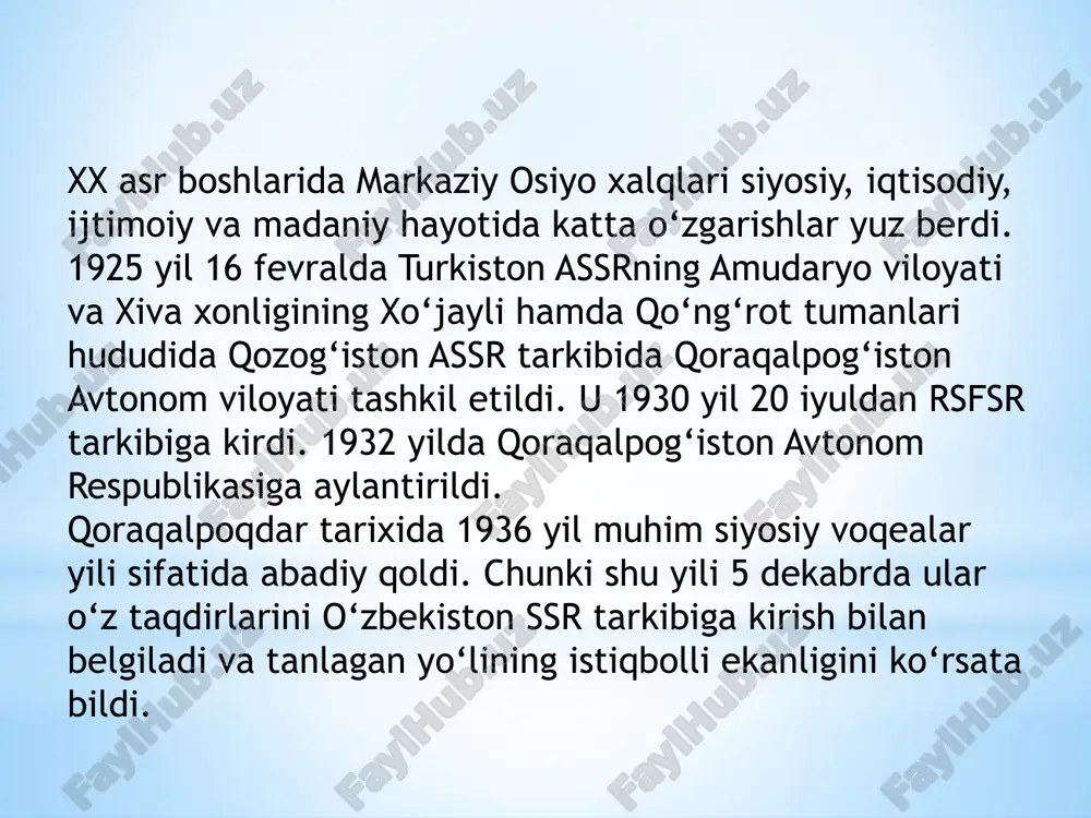ydoni: 166,6 ming km2 (o’zbekiston respublikasi umumiy maydonining 37 foizi) aholisi: 1 mln. 923 ming kishi (2021) poytaxti: nukus shahri (1932) (236 ming 700 kishi) tumanilari: 16 ta shaharlari: 12 ta (nukus, beruniy, bo‘ston, mang‘it, mo‘ynoq, taxiatosh, to‘rtko‘l, xalqobod, chimboy, shumanay, xo‘jayli, qo‘ng‘irot) shaharchalari: 25 ta 1992 yil 14 dekabr - qoraqalpog‘iston davlat bayrog‘i tasdiqlandi. 1993 yil 9 aprel - qoraqalpog‘iston respublikasi oliy kengashining xii sessiyasida qoraqalpog‘iston respublikasi konstitutsiyasi va davlat tamg‘asi qabul qilindi. 1993 yil 4 dekabr - davlat madhiyasi tasdiqlandi. 1994 yil 25 dekabr - qoraqalpog‘iston respublikasi konstitutsiyasiga asosan oliy kengashning 75 deputatdan iborat yangi tarkibi saylandi. o'zbekiston respublikasining konstitutsiyasi xvii bob qoraqalpog'iston respublikasi 70-modda. suveren qoraqalpog'iston respublikasi o'zbekiston respublikasi tarkibiga kiradi. qoraqalpog'iston respublikasining suvereniteti o'zbekiston respublikasi tomonidan muhofaza etiladi. 71-modda. qoraqalpog'iston respublikasi o'z konstitutsiyasiga ega. qoraqalpog'iston respublikasining konstitutsiyasi o'zbekiston respublikasining konstitutsiyasiga zid bo'lishi mumkin emas. 72-modda. o'zbekiston respublikasi qonunlari qoraqalpog'iston respublikasi hududida ham majburiydir. 73-modda. qoraqalpog'iston respublikasining …