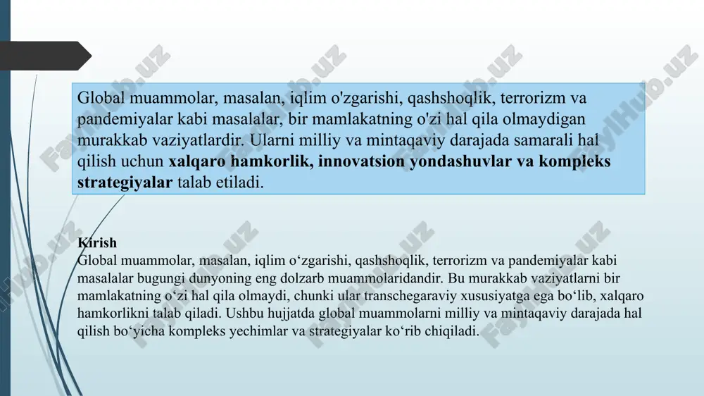 rcha davlatlar va xalklar uzaro xamkorlikda kurashishlari lozim buladi. www.arxiv.uz www.arxiv.uz global muammolar o’z mazmuniga ko`ra asosiy va ustivor yunalishdagi muammolar bilan bir qatorda kichikroq muammolarga ajratiladi. lekin kichik muammolarni urganish xam muxim axamiyatga ega. terrorizm, narkomaniya, xalkaro munosabatlar, xukukbuzarlik, texnogen falokatlar, tabiatda sodir buladigan favkulodda xodisalar (zilzila, sel, vulkon otishlari, dovullar, tog kulashlari, surilmalar va b. ) shular jumlasidandir. ilmiy adabiyotlarda ustivor yunalishdagi muammolar soni 8-10 ta kichik muammolarni xam xisoblaganda ularning soni 40 dan oshadi. global muammolarni mazmuniga ko’ra quyidagi guruxlarga ajratish mumkin: 1. «universal» xususiyatga ega bo’lgan muammolar. 2. tabiiy-iqtisodiy xususiyatga ega bulgan muammolar. 3. ijtimoiy xususiyatga ega bo’lgan muammolar. 4. aralash xususiyatga ega bo’lgan muammolar. muammolarni oldindan ro’yobga chiqqan «eski» va «yangi» muammolarga guruxlashtirish mumkin. muammolar dolzarblik darajasiga ko’ra o’rnini o’zgartirib turishi xam mumkin. milliy darajadagi yechimlar har bir davlat global muammolarga o‘zining ichki siyosati, qonunchiligi va resurslari asosida javob berishi mumkin. ayni paytda global muammolarning …