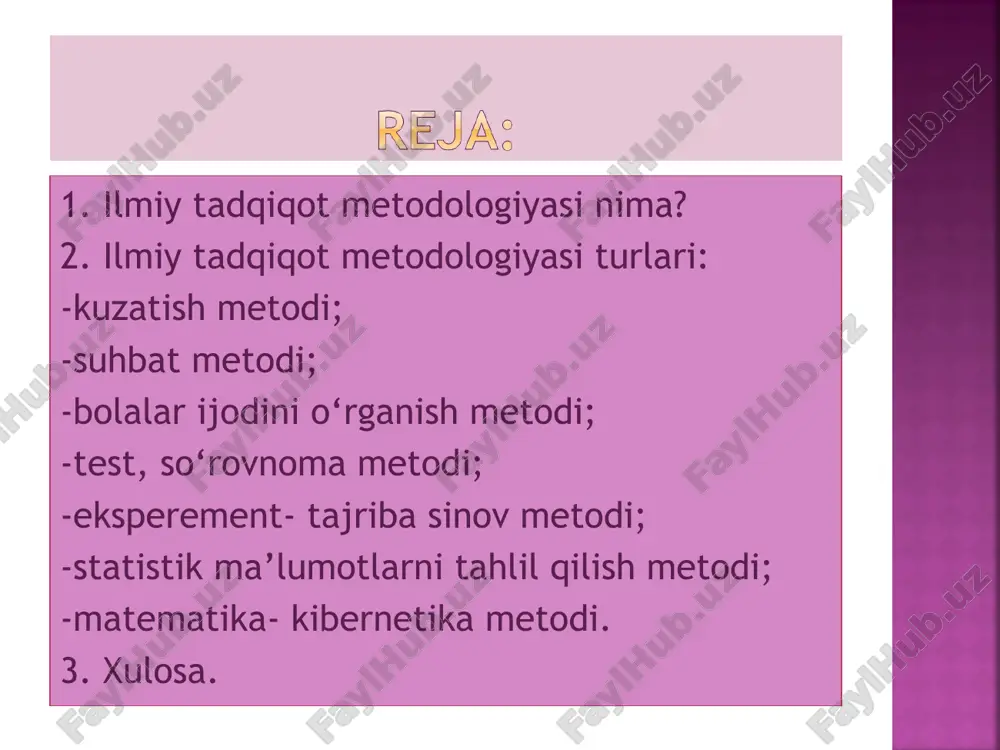 i. kuzatishlar faqat oddiy hodisalarni kuzatish, ayrim dalillarni yig’ish, hisobga olish, aniqlash uchungina emas, balki ta`lim-tarbiya jarayonini yaxshilash va mukammallashtirish maqsadida amalga oshiriladi. odatda pedagogik kuzatish orqali o`quvchilarning fanlarni o`zlashtirishlari, ularning xulq-atvori va muomalalaridagi o`zgarishlarni hisobga olish va tegishli ta`limiy-tarbiyaviy ta`sir ko`rsatish yo`llarini belgilash uchun qo`llaniladi. ilmiy kuzatishlar esa nafaqat o`quvchilarning tabiiy faoliyatini, balki ularning ilmiy dunyoqarashlarini shakllanishi, fikrlash jarayoni kuchi, xulosalar chiqarishdagi faolliklarini aniqlaydi, ularni tahlil etadi va tegishli xulosalar chiqarishga imkoniyat tug’diradi. bunday kuzatishlar pedagogika fani mazmuninining boyishiga sabab bo`ladi. kuzatish metodi ta`lim-tarbiya jarayonini yaxshilash yoki yaratilgan ilmiy farazlarning qanchalik to`g’ri ekanligini aniqlash maqsadida suhbat metodidan foydalaniladi. odatda, suhbat metodi maktab o`qituvchilar va o`quvchilar jamoasi bilan, ota-ona va keng jamoatchilik bilan yakka va guruhli tartibda ish olib borilganda qo`llaniladi. bunda suhbat metodini tadbiq etishdan oldin maqsadli reja tuziladi, amalga oshirish yo`llari belgilanadi, natijalar tahlil qilinadi va tegishli xulosa chiqariladi. shuningdek, tadqiqotchining suhbat olib borish va uni kerakli tomonga …