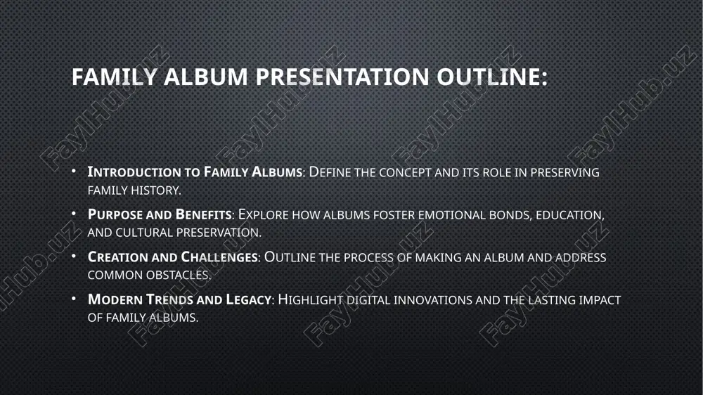 itions and values unique to the family. challenges time-intensive: organizing materials requires effort. preservation: physical albums may fade; digital files risk data loss. solutions: use acid-free materials and regular digital backups. modern trends digital platforms: apps like familyalbum for easy sharing. video integration: adding short video clips to albums. collaborative tools: cloud-based albums for remote contributions. ai enhancements: tools to restore old photos or auto-organize. case study the johnson family album: started in 1960, now includes four generations. features photos, letters, and newspaper clippings. digitized in 2023 for accessibility. impact: strengthened family ties and educated younger members. conclusion: summary: family albums preserve memories, foster unity, and document heritage. call to action: create or update your family album to capture your legacy. final thought: a family album is a timeless bridge between generations. references: familysearch. (2023). preserving family memories. https://www.familysearch.org shutterfly. (2024). guide to family albums. https://www.shutterfly.com brown, l. (2021). family …