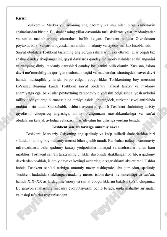 z, shu jumladan, qadimiy toshkent hududida shakllangan madaniy meros, islom davri me’morchiligi va san’ati, hamda xix–xx asrlardagi me’moriy va san’at yodgorliklarini batafsil ko‘rib chiqamiz. bu jarayon shaharning madaniy evolyutsiyasini ochib beradi, unda mahalliy an’analar va tashqi ta’sirlar uyg‘unlashgan. qadimiy toshkent hududida shakllangan madaniy meros qadimiy toshkent hududi, ya’ni hozirgi o‘zbekistonning sharqiy qismi, bronza davridan boshlab insoniyat madaniyatining muhim markazlaridan biri bo‘lgan. bu yerda shakllangan madaniy meros nafaqat arxeologik topilmalar, balki san’at va hunarmandchilikning ilk shakllari orqali ifodalanadi. toshkent atrofidagi hududlar, masalan, chach (qadimiy toshkent nomi) viloyati, miloddan avvalgi ii ming yilliklarda bronza asbob-uskunalari va bezakli idishlar bilan mashhur bo‘lgan. bu davrda hunarmandlar metallga o‘yma naqshlar qo‘yish, loydan haykalchalar yasash kabi texnikalarni mukammallashtirganlar. masalan, termiz va toshkent yaqinidagi qazilmalar bronza asrlarga oid artefaktlarni ochib bergan, ularda hayvonlar va geometrik naqshlar tasvirlangan bo‘lib, bu mahalliy aholining tabiatga bo‘lgan hurmati va ruhiy dunyosini aks ettiradi.qadimiy chach madaniyati, miloddan avvalgi v–iv asrlarda, ahamoniylar imperiyasi …