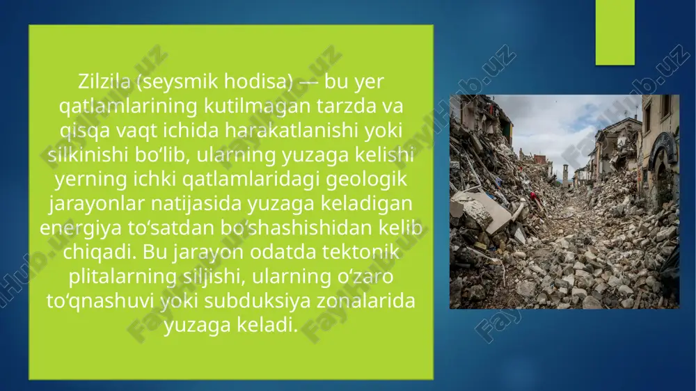 gan kuchli energiya to‘satdan bo‘shashishining natijasidir. gipotsentr yer yuzasidan taxminan 3–8 kilometr chuqurlikda joylashgan. zilzila natijasida san-fransisko shahrida keng ko‘lamli vayronagarchilik yuz berdi. ko‘plab bino va inshootlar qulab tushdi, shahar yong‘inlarga duch keldi, natijada minglab insonlar jon berdi yoki jarohatlandi, yuz minglab odamlar boshpanasiz qoldi. zilzila shahar infratuzilmasiga, yo‘l va ko‘priklarga katta zarar yetkazdi. 1948-yilgi ashgabat zilzilasi — markaziy osiyoda, ayniqsa turkmaniston hududida joylashgan ashgabat shahrida yuzaga kelgan kuchli seysmik hodisa bo‘lib, bu zilzila 1948-yil 5-oktabr kuni sodir bo‘lgan. zilzilaning magnitudasi taxminan 7.3 ballga teng deb baholanadi. ushbu zilzila, asosan, kaspiy havzasining geologik faol zonasida joylashgan bo‘lib, yer osti qatlamlarining tektonik stress ostida to‘satdan bo‘shashishi natijasida yuzaga kelgan. gipotsentr shahar yaqinida, yer yuzasidan nisbatan sayoz chuqurlikda joylashgani sababli, silkinishlar kuchliroq sezilgan va shu bilan birga vayronagarchilik darajasi juda yuqori bo‘lgan. natijada, ashgabat shahrining ko‘p qismi, ayniqsa qadimiy va yaroqsiz binolar, butunlay vayron bo‘lgan. rasmiy ma’lumotlarga ko‘ra, zilzila oqibatida 100 mingdan …