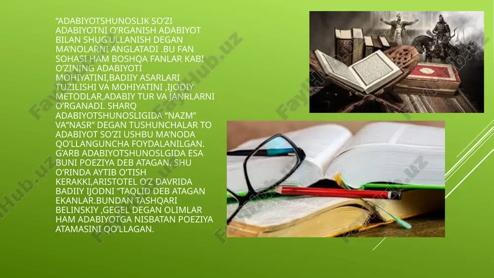 yot ya’ni so’z san’atini tushunishimiz mumkin.keng ma’noda esa o’qishga mo’ljalllab yozilgan chop qilingan badiiy asarlarni tushunsak bo’ladi.bu xuddi rus va boshqa bir nechta tillarda ishlatiladigan ‘’literatura’’ so’ziga o’xshaydiya’ni chop etiladigan badiiy adabiyotlarni tushunamiz. adabiy tanqid hozirgi adabiy jarayon muammolarini o`rganish, yangi paydo bo`lgan asarlarni bugungi kun nuqtai nazaridan g’oyaviy-badiiy tahlil qilish va baholashni o`z oldiga maqsad qilib qo`yadi. adabiy tanqid – adabiyotshunoslikning operativ, joriy adabiy jarayonga bevosita aralashadigan sohasidir. o`zbek adabiy tanqidchiligining ilk kurtaklari ham tazkiralarga borib taqaladi. o`zbek adabiy tanqidchiligining shakllanishida jadidchilikning ko`zga ko`ringan namoyandalari m.behbudiy, a.fitrat, x.muin; shuningdek, jadidchilik ta`sirida adabiyot maydoniga kirgan v.mahmud, cho`lpon kabi ijodkorlarning katta xizmatlari bor. o`zbek adabiy tanqidchiligi murakkab rivojlanish yo`lini bosib o`tdi. o.hoshim, s.husayn, m.solihov kabi adabiyotshunoslar, h.olimjon, uyg‟un, k.yashin singari ijodkorlarning qator adabiy-tanqidiy asarlari badiiy tafakkur rivojiga emas, balki ko`proq chinakam so`z san`atining zarariyu mustabid tuzumning hokim mafkurasiga xizmat qildi va shu bois ham ular bugungi kunda batamom eskirdi. o`zbek tanqidchiligining …